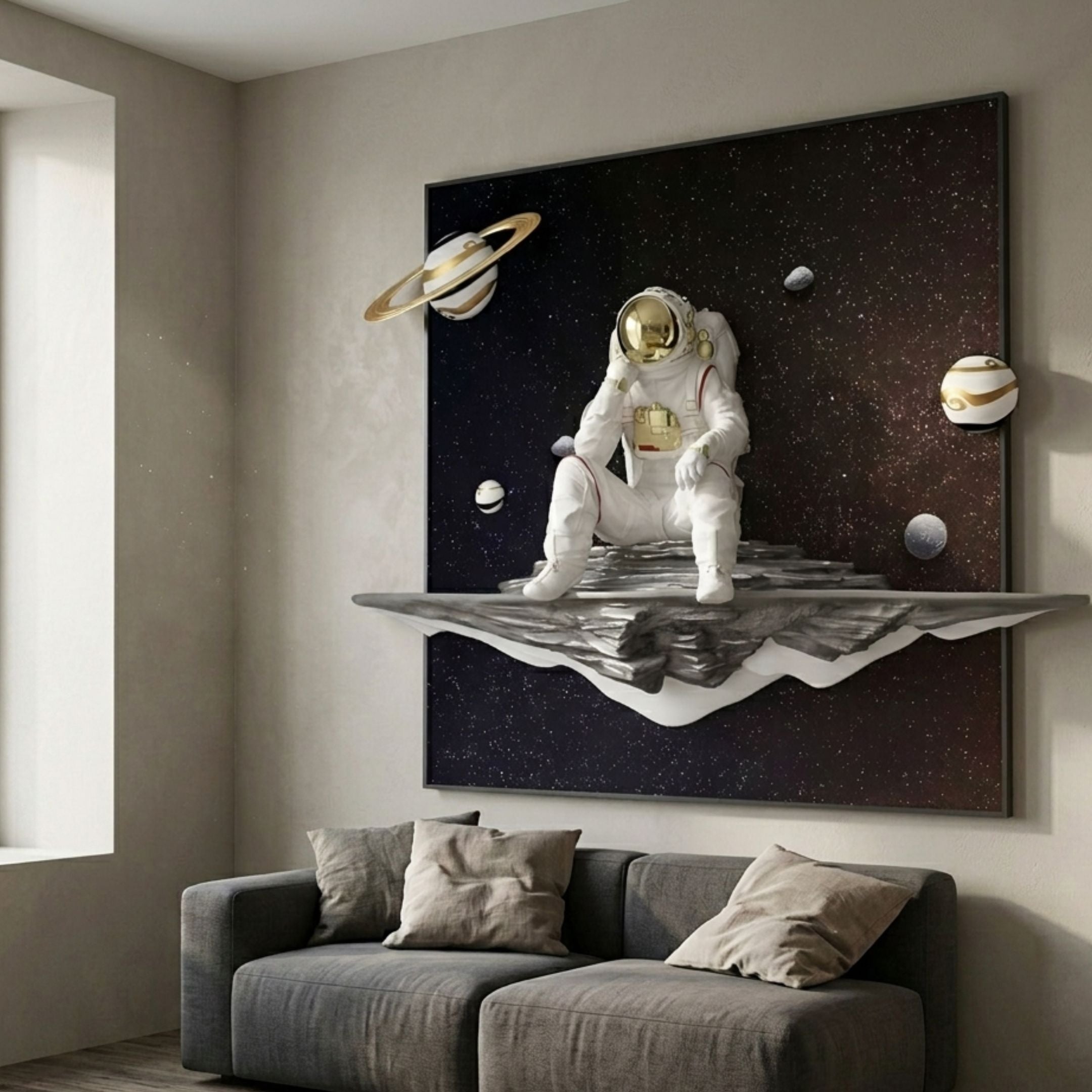 White 3D Galaxy Astronaut Thinker Starry Wall Art by Giant Sculptures mounted above a grey sofa with linen cushions in a modern Nordic living room.