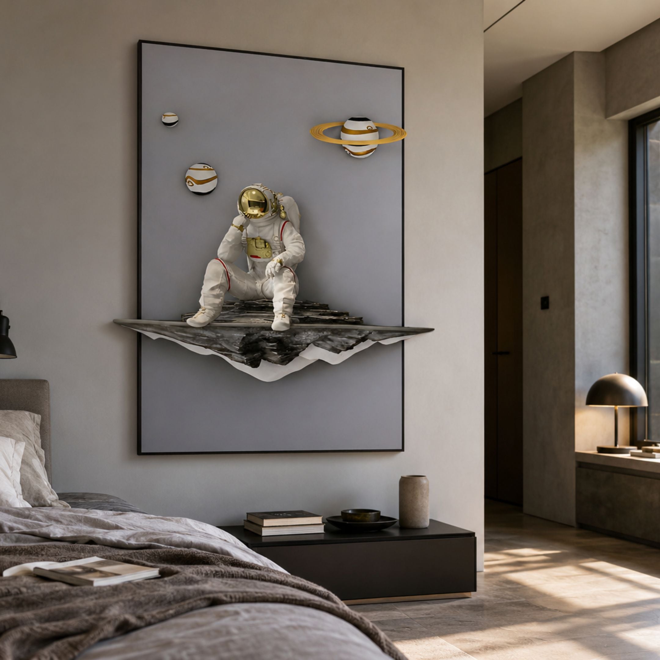 White 3D Galaxy Astronaut Thinker Vertical Wall Art by Giant Sculptures, showing the gold-visored figure on a rocky ledge with planets, mounted in a modern bedroom.