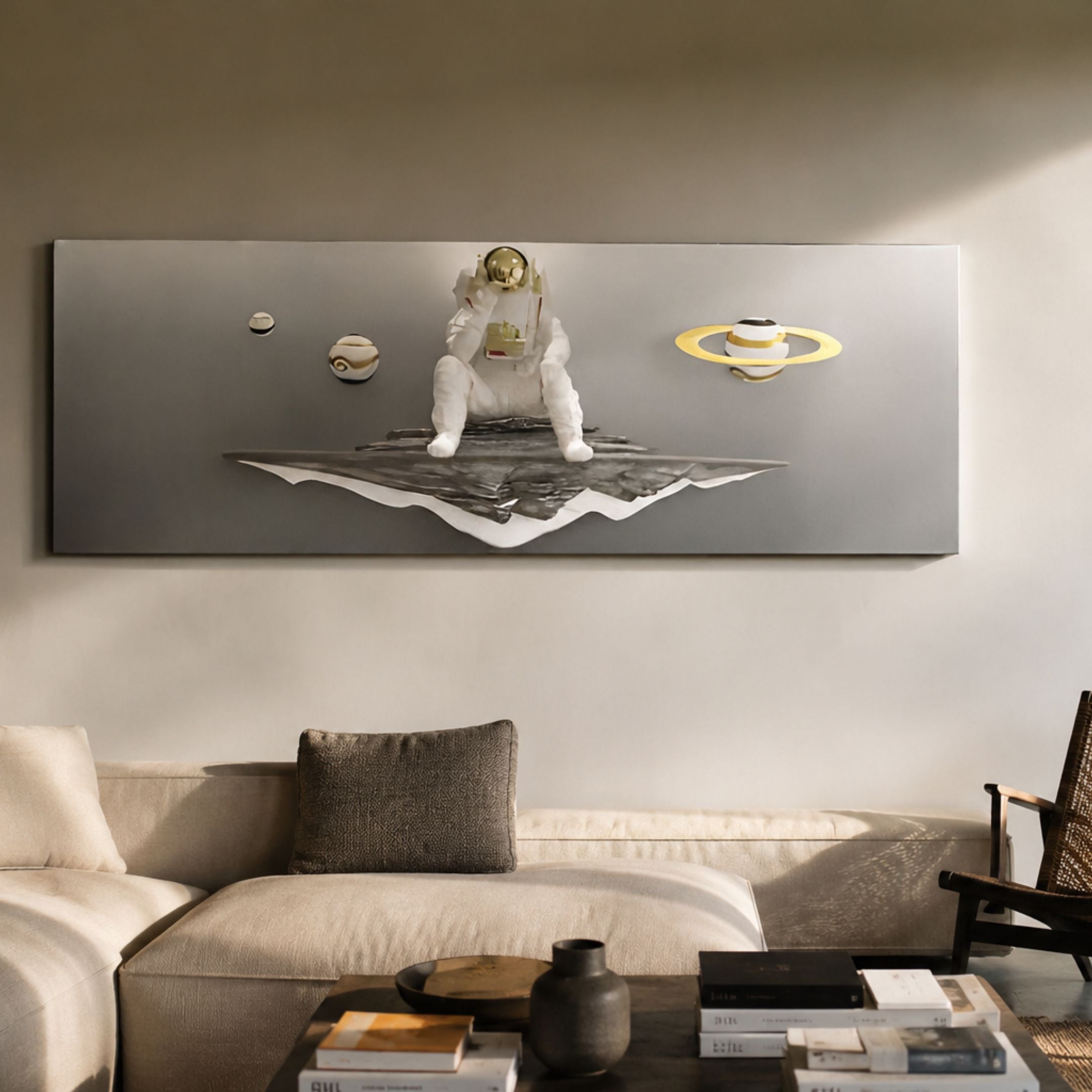 White 3D Galaxy Astronaut Thinker Linear Wall Art by Giant Sculptures mounted above a beige sofa, featuring an astronaut in thinker pose with gold-ringed planets.