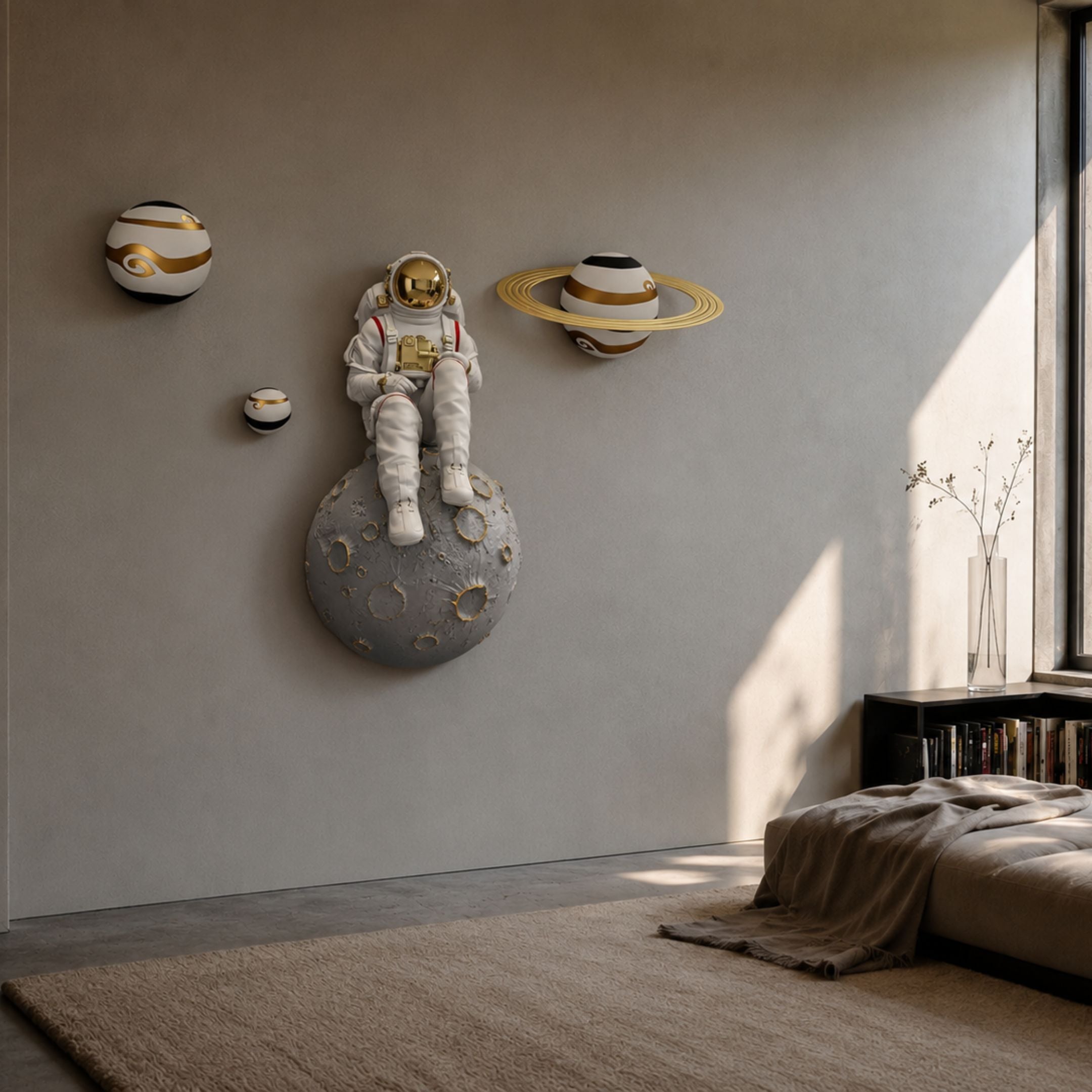White 3D Galaxy Astronaut On Moon Wall Art by Giant Sculptures, with a seated astronaut on a grey crater moon and three gold-striped planets above a bedroom.