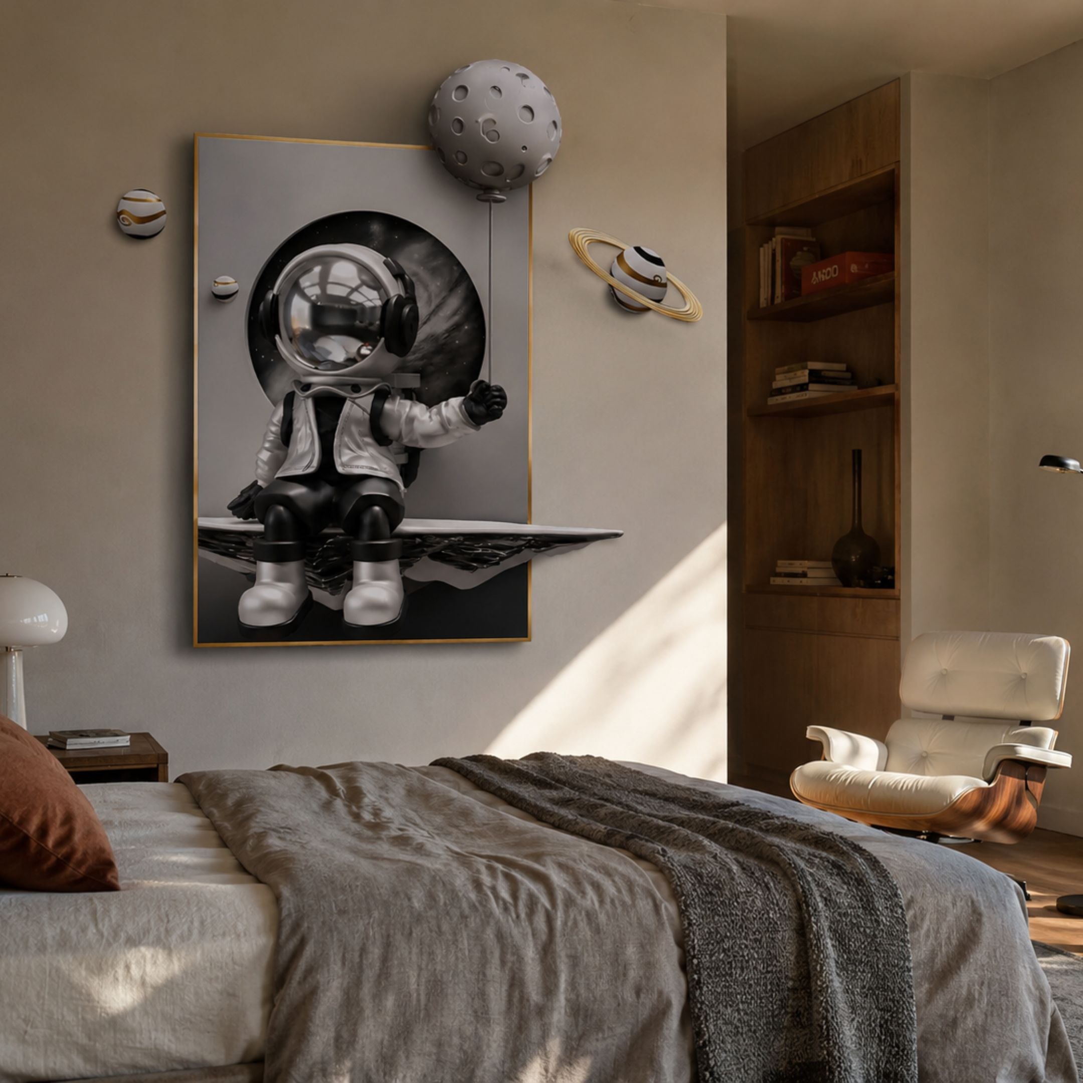 Silver Balloon Astronaut 3D Portal Wall Art by Giant Sculptures, chrome astronaut tethered to a moon balloon with ringed planets, mounted in a modern bedroom.