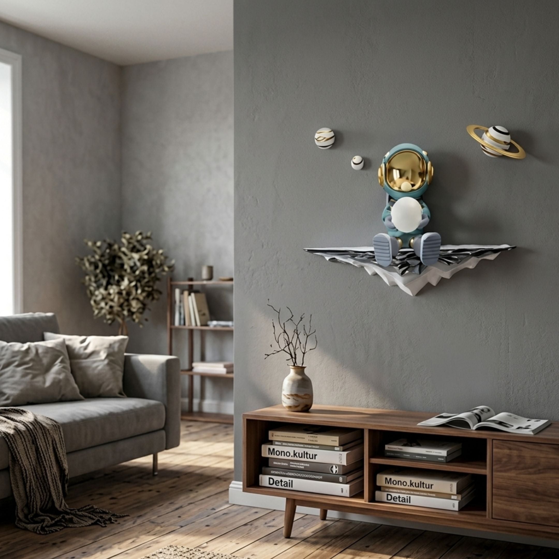 Blue 3D Dreamer Glow Astronaut Wall Art by Giant Sculptures, mounted on a grey living room wall above a walnut console with books, beside a grey sofa.