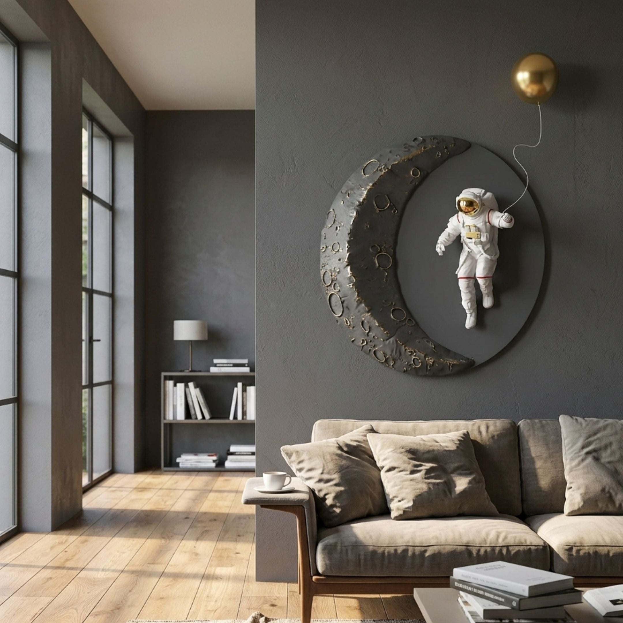 Grey & Gold 3D Lunar Balloon Astronaut Wall Art by Giant Sculptures mounted on a dark grey living room wall above a beige sofa, with gold balloon accent.