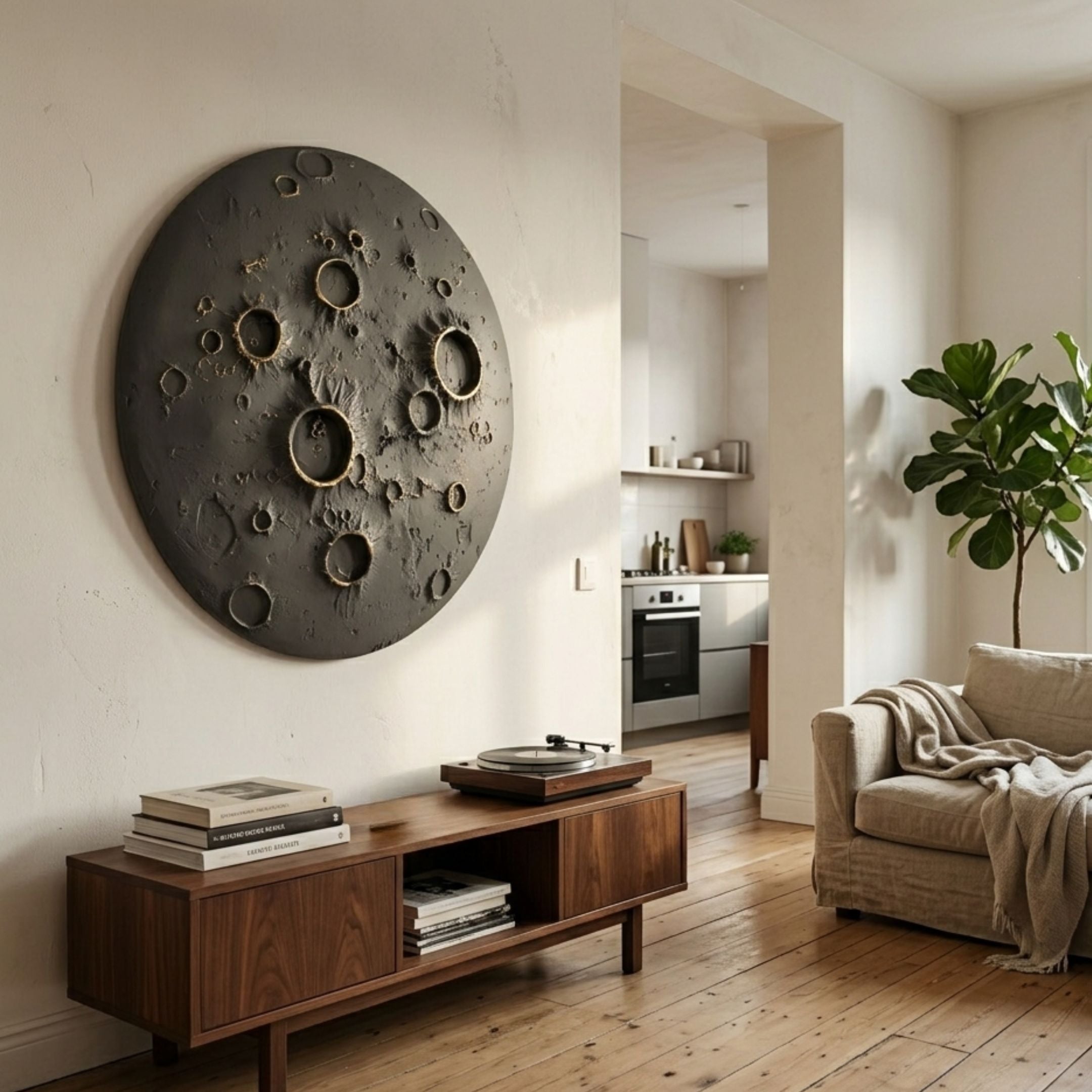 Dark Grey 3D Lunar Impact Moon Relief Wall Art by Giant Sculptures mounted above a walnut media console in a neutral living room with armchair and plant.