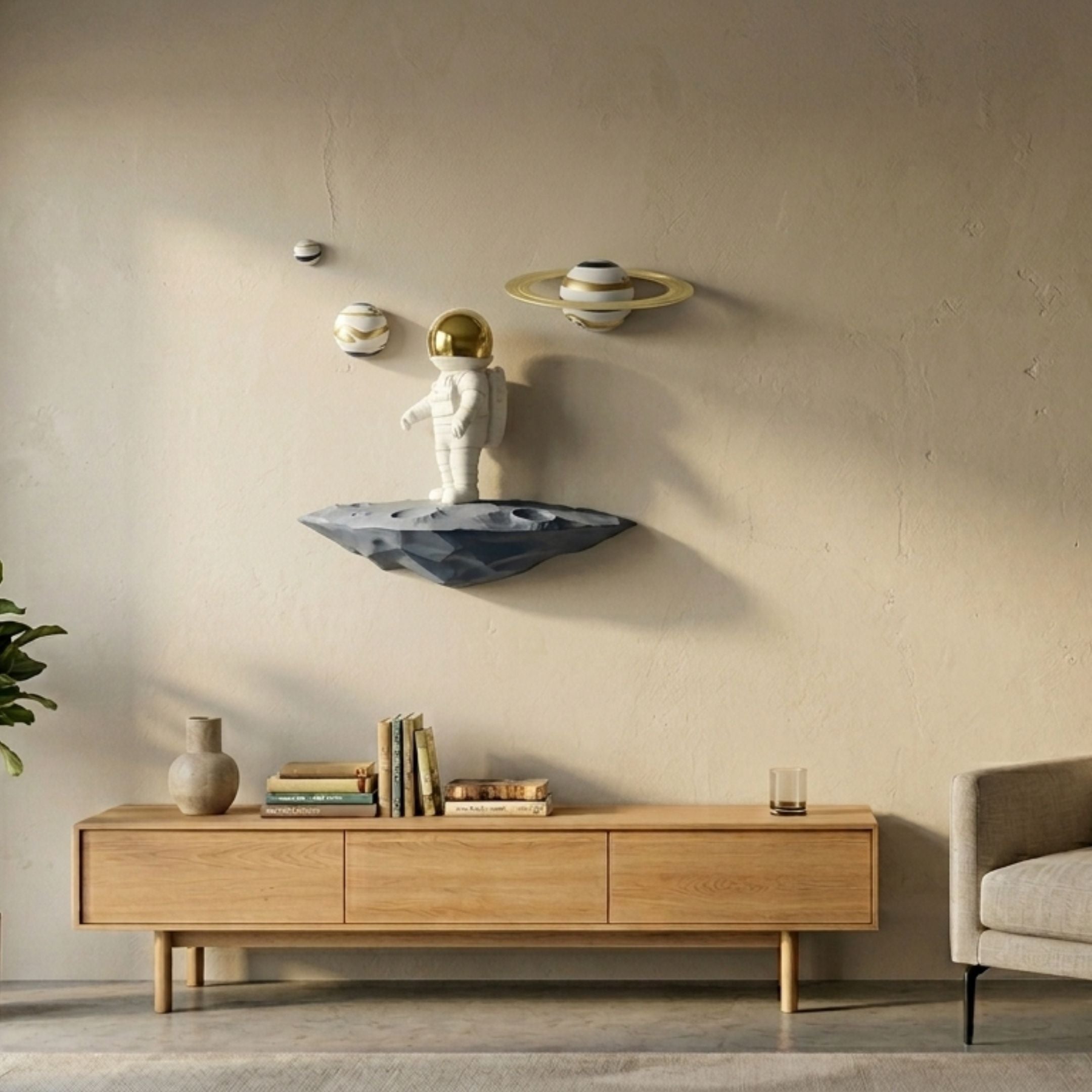 White and Gold Orbit Odyssey Astronaut 3D Wall Art by Giant Sculptures, with a gold-visored figure on a grey asteroid and orbiting planets, above a wooden console.
