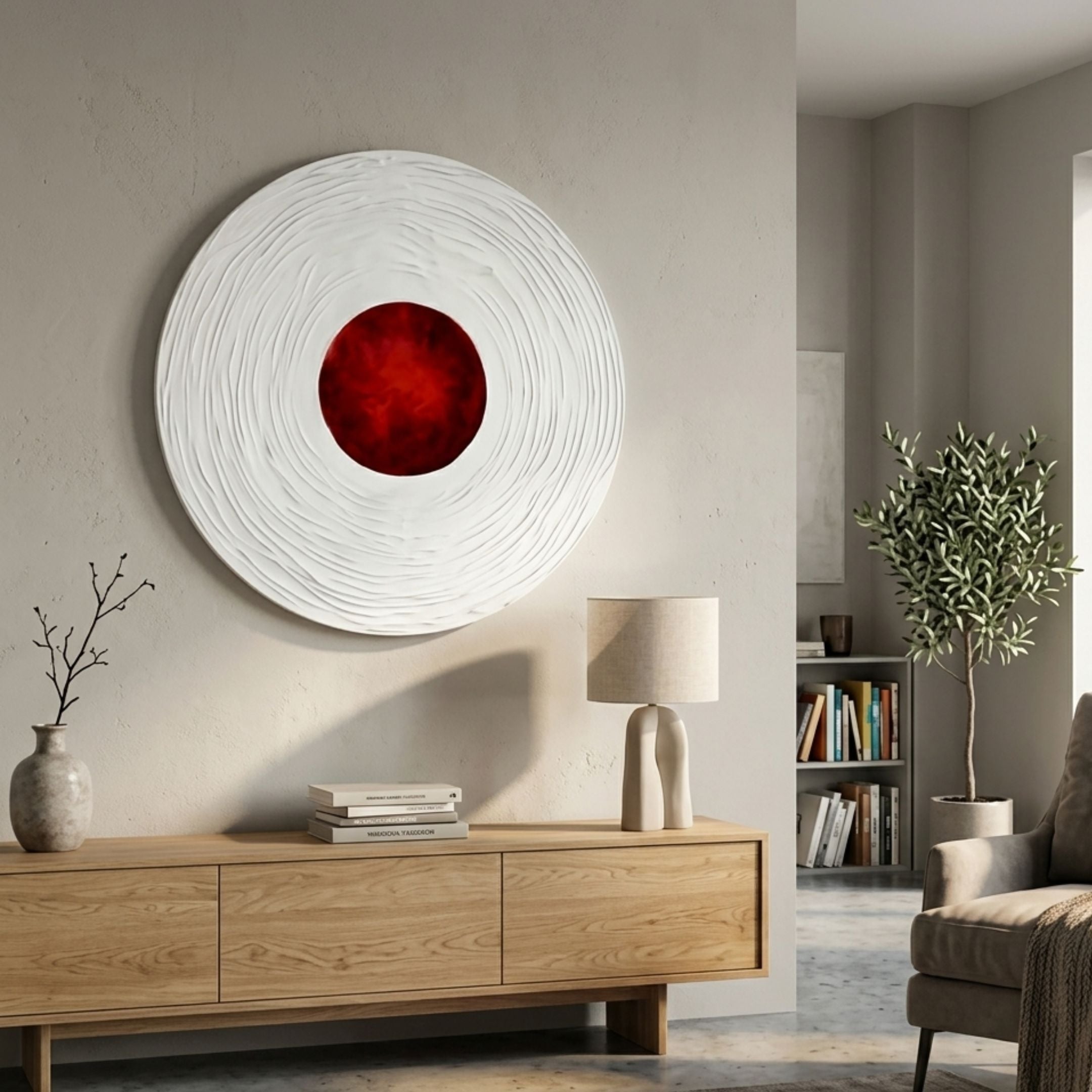 Ventus Crimson Flame Wood Carving 3D LED Wall Art mounted above an oak sideboard with a lamp, books, and vase in a neutral modern living room.
