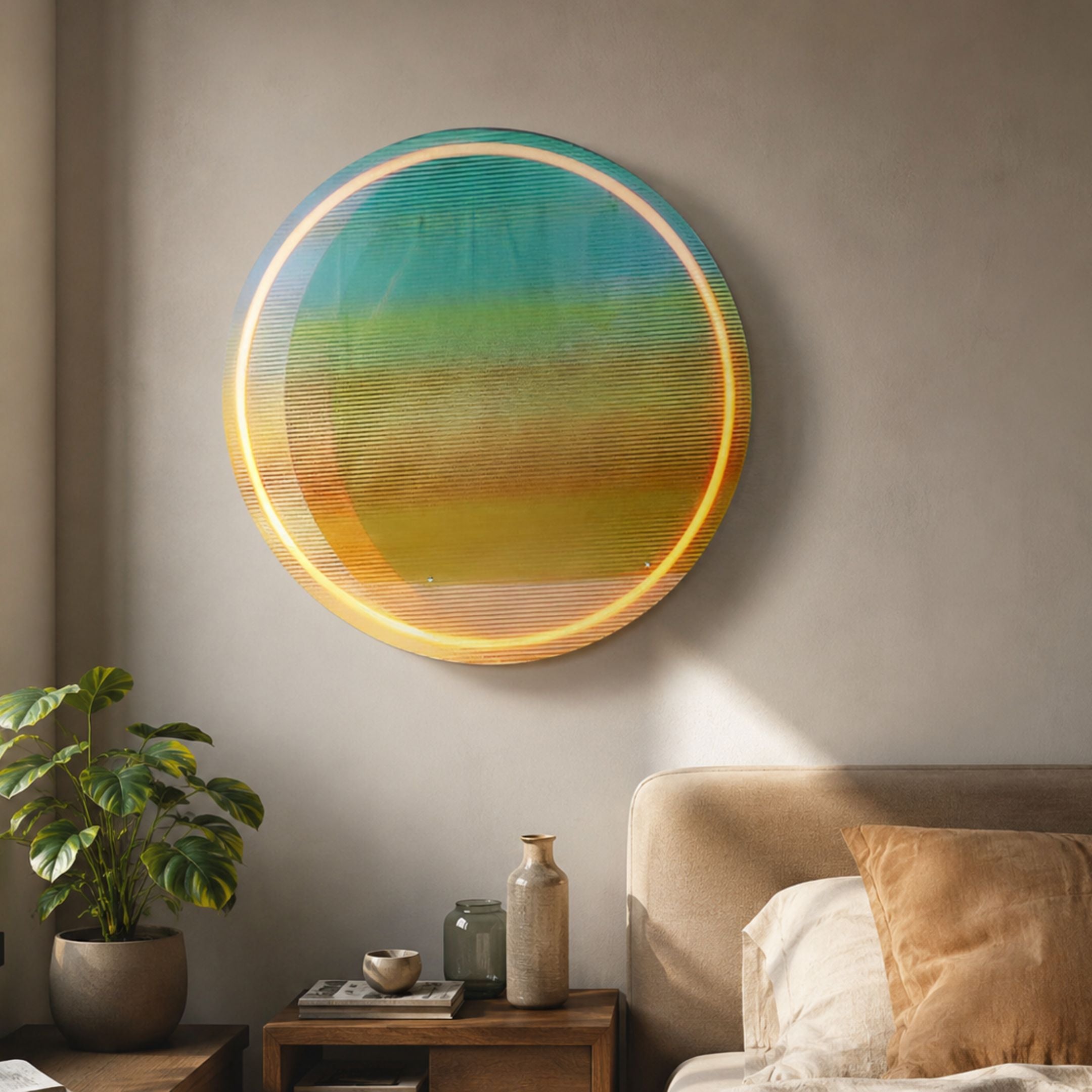 Chromia Tropical Dawn Acrylic 3D LED Wall Art by Giant Sculptures, a circular turquoise-to-yellow-orange gradient piece mounted above a bedside table and bed.
