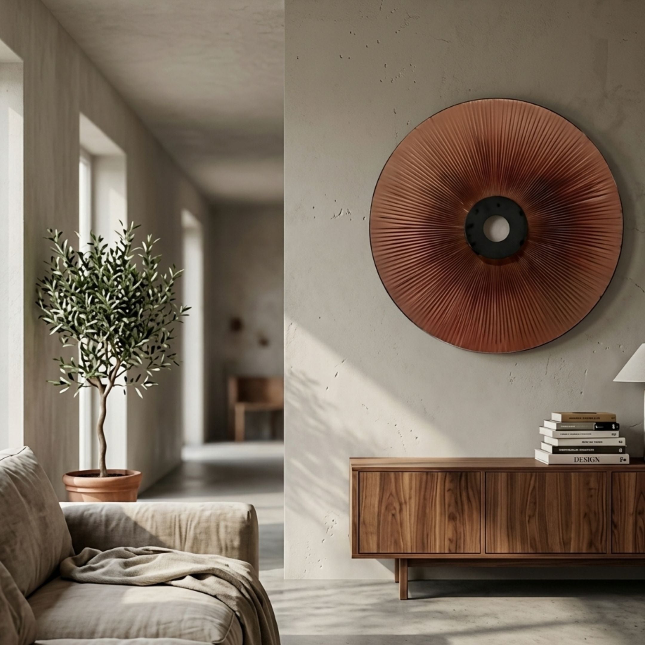 Vanguard Mocha Bronze Leather 3D LED Wall Art by Giant Sculptures mounted on a beige wall above a walnut sideboard, beside an olive tree in a sunlit living room.