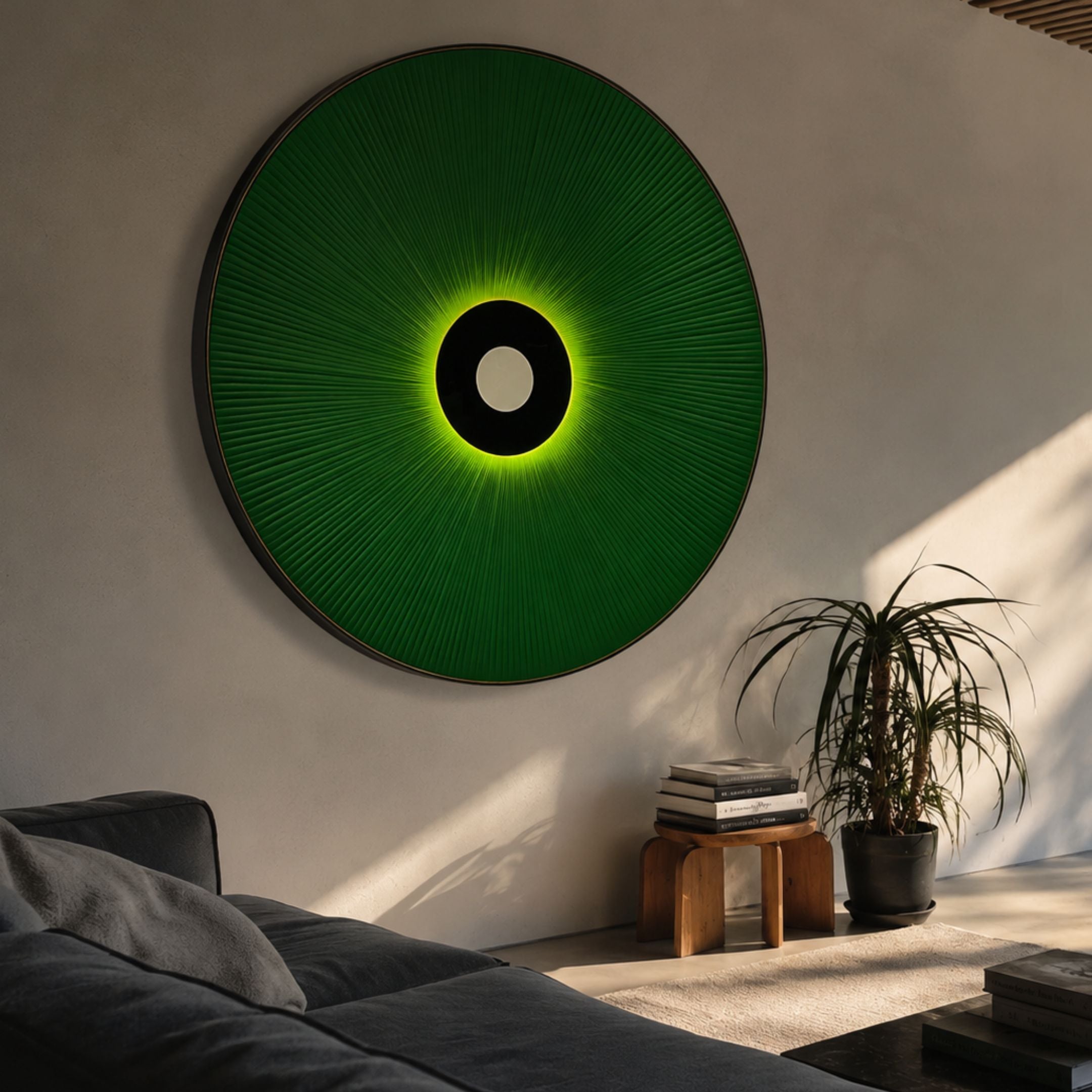 Vanguard Jade Surge Leather 3D LED Wall Art mounted above a grey sofa, with jade-green leather rays radiating from a black-and-white disc beside a potted palm.