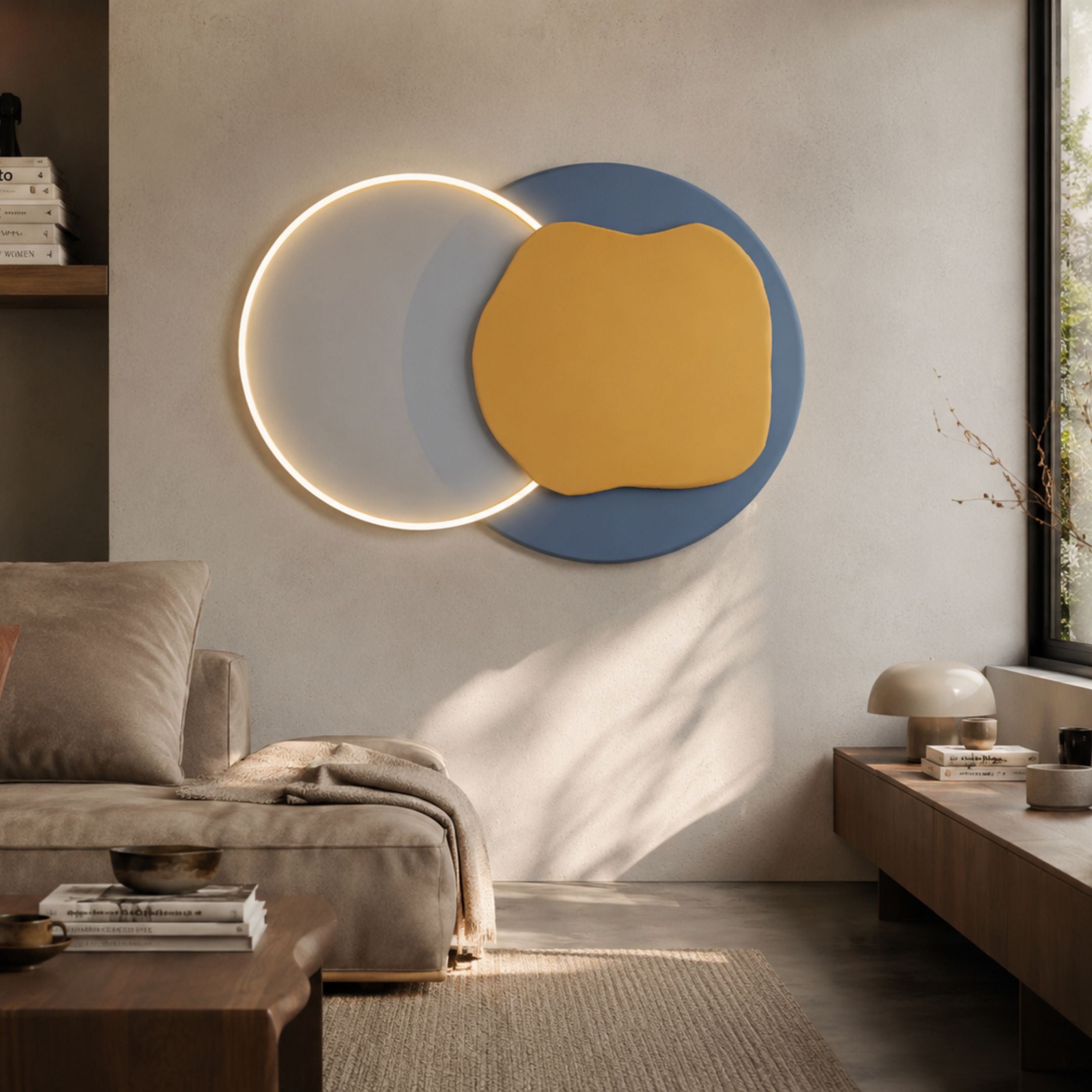Arcadia Indigo Honey Leather 3D LED Wall Art by Giant Sculptures, with glowing white disk, indigo and honey leather circles, mounted above a sofa in a neutral living room.