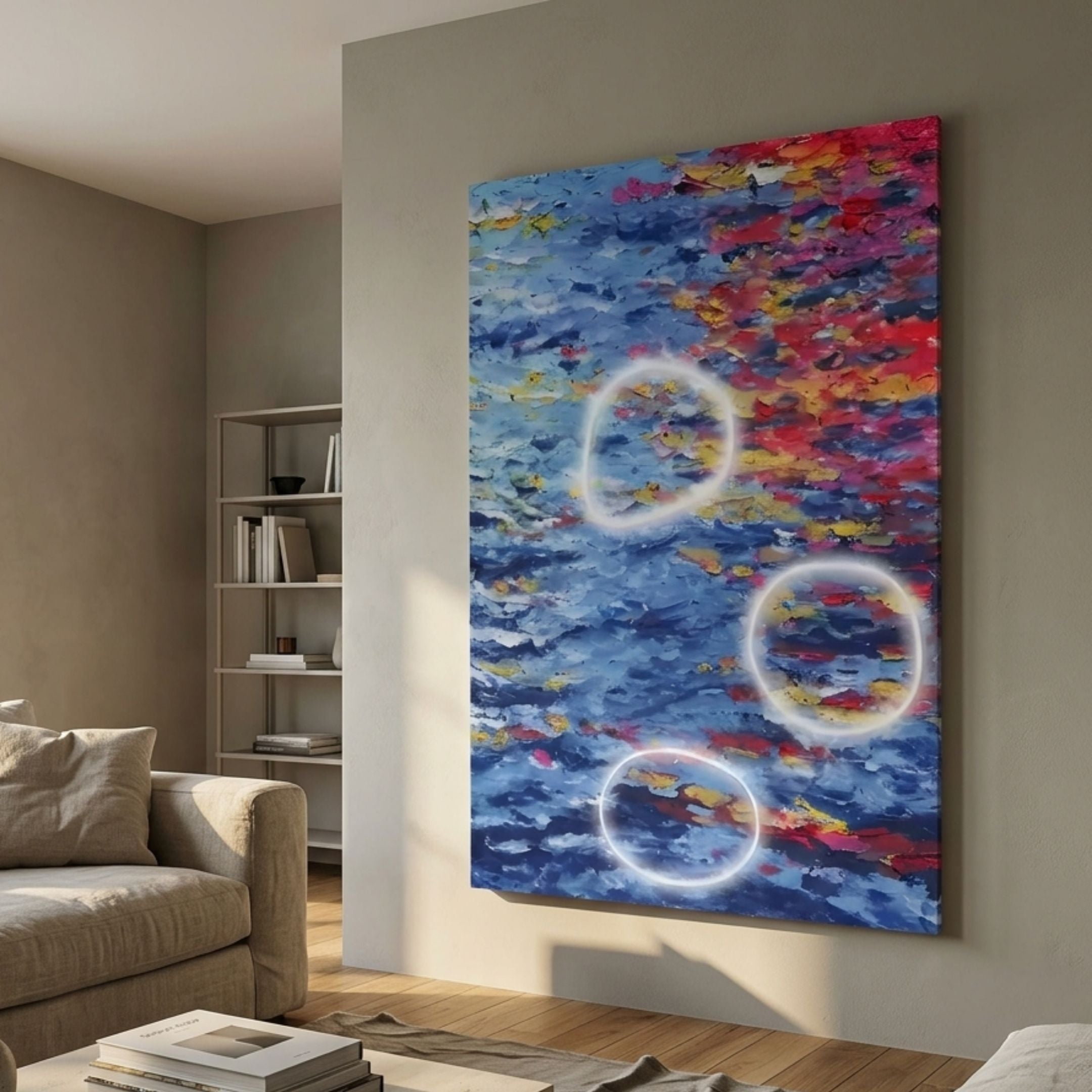 Elysian Ocean Ember Oil Painting 3D LED Wall Art by Giant Sculptures, blue, red, and yellow impasto canvas with three white LED rings, shown in a living room.