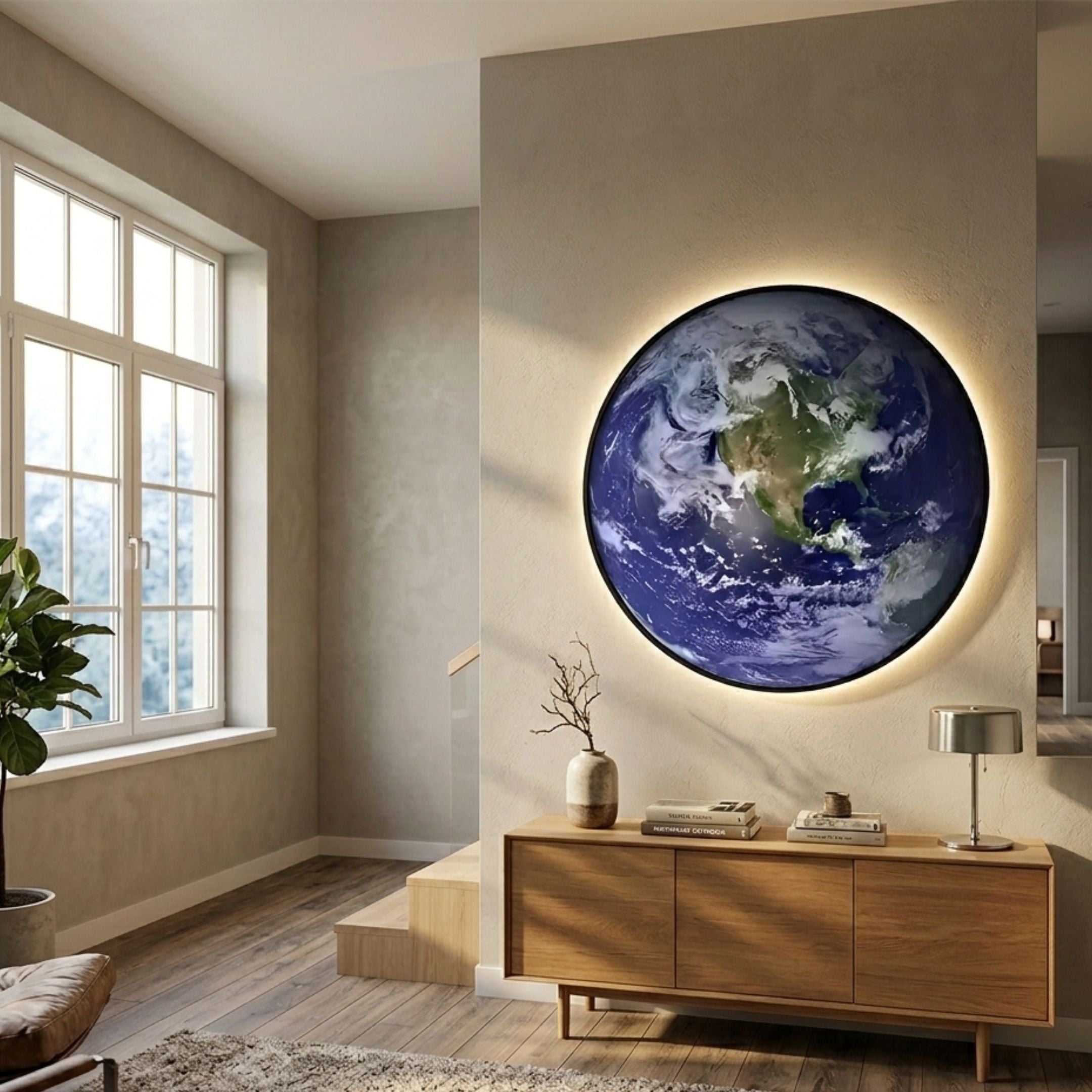 Galaxia Earth Crystal Porcelain LED Wall Art by Giant Sculptures, showing North America through swirling clouds, mounted with warm back-lighting above a wooden sideboard in a sunlit hallway.