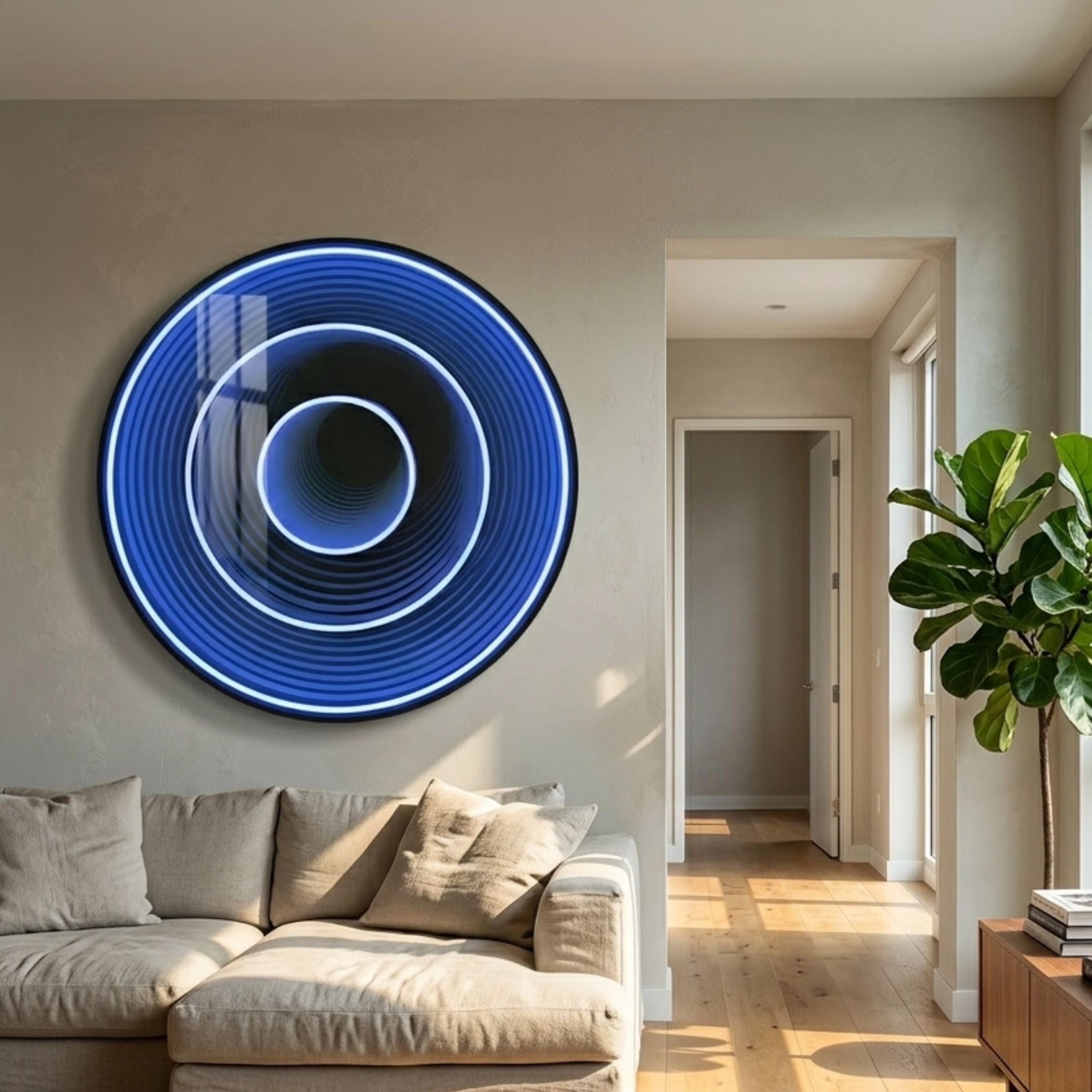 Reflex Sapphire Mirror 3D LED Wall Art by Giant Sculptures mounted above a beige sofa in a sunlit living room, with concentric blue rings creating a tunnel effect.