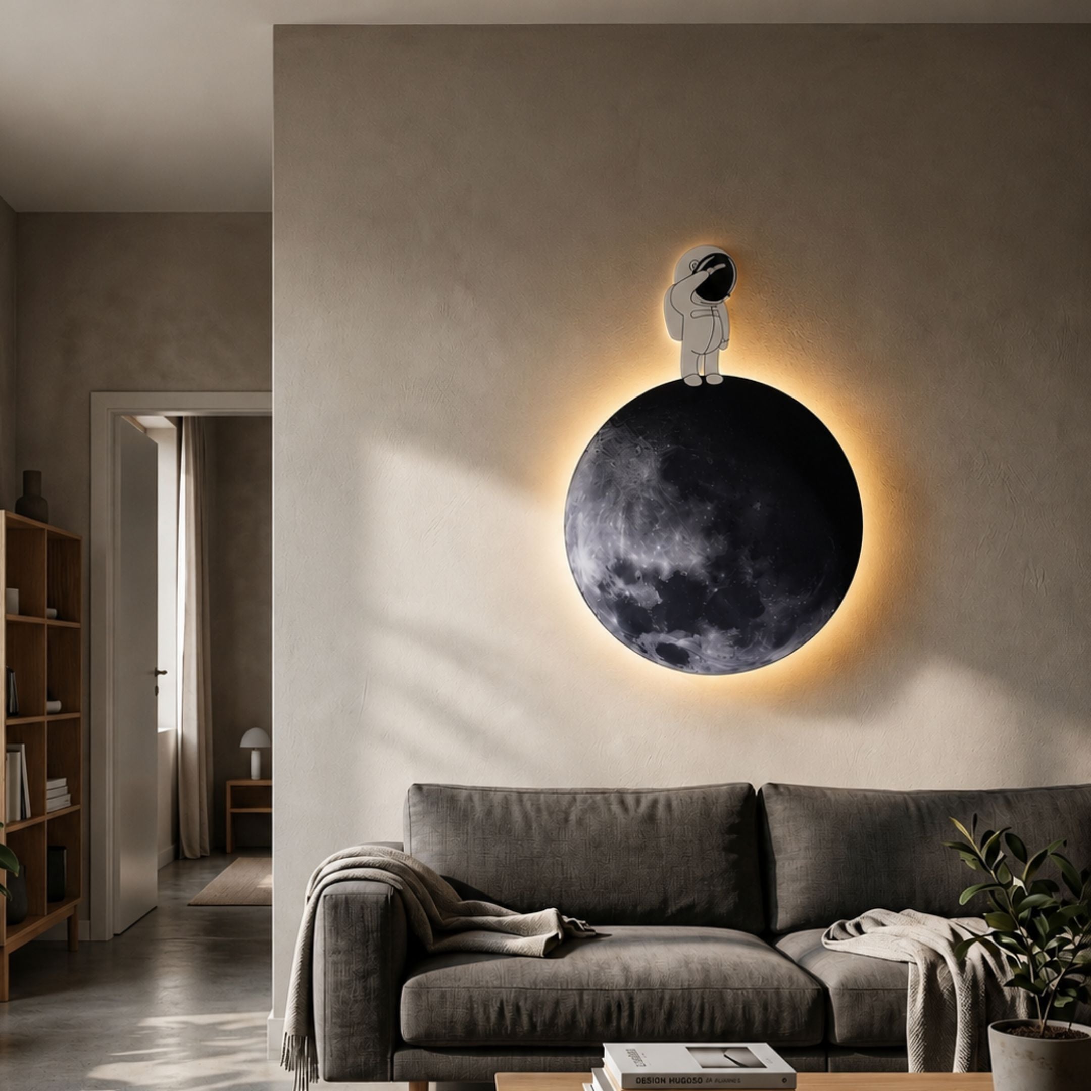 Cosmos Astronaut Reflection UV Wood Carving LED Wall Art by Giant Sculptures glowing above a grey sofa in a neutral living room with warm backlight.