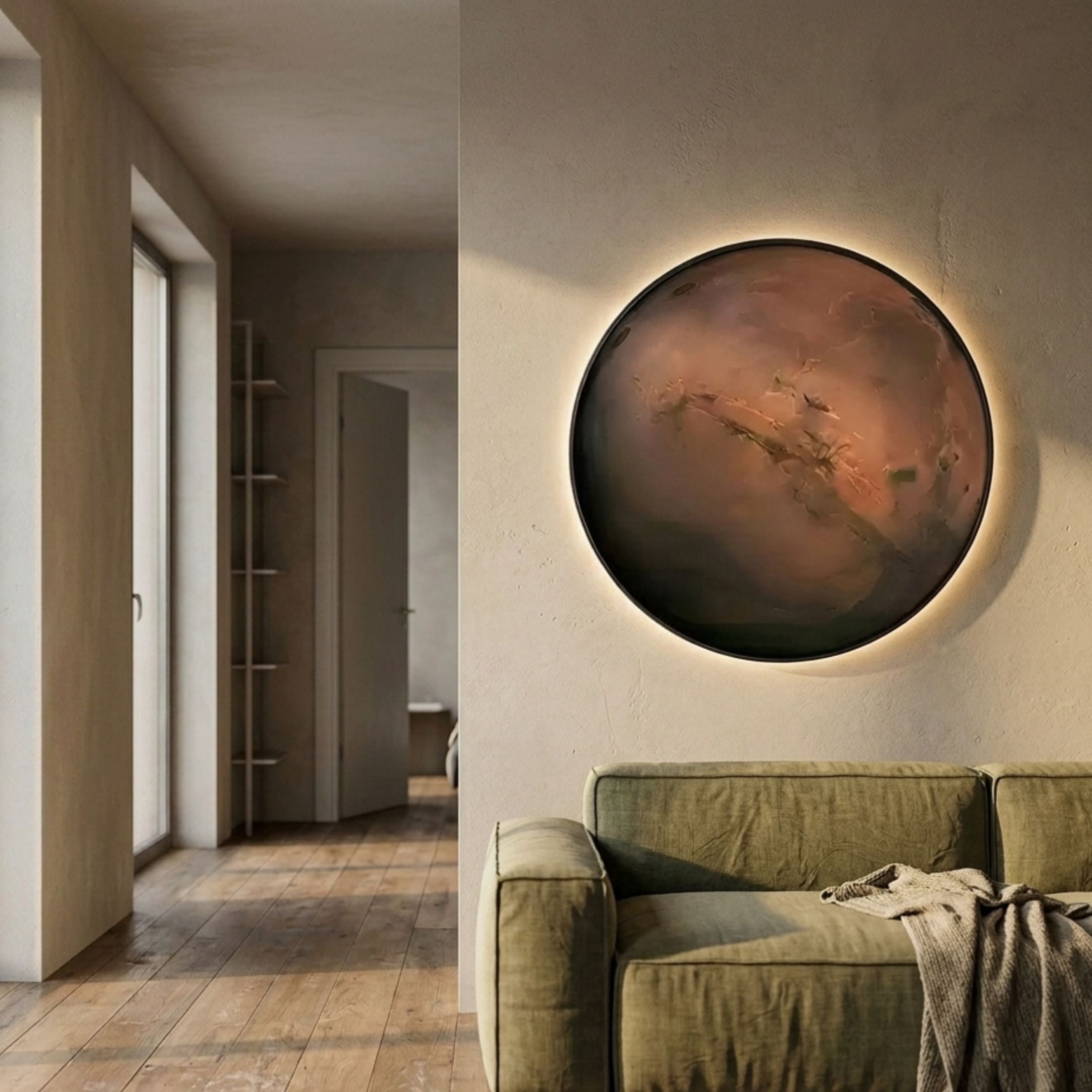 Galaxia Mars Crystal Porcelain LED Wall Art by Giant Sculptures glowing above an olive green sofa in a neutral living room with hallway view.