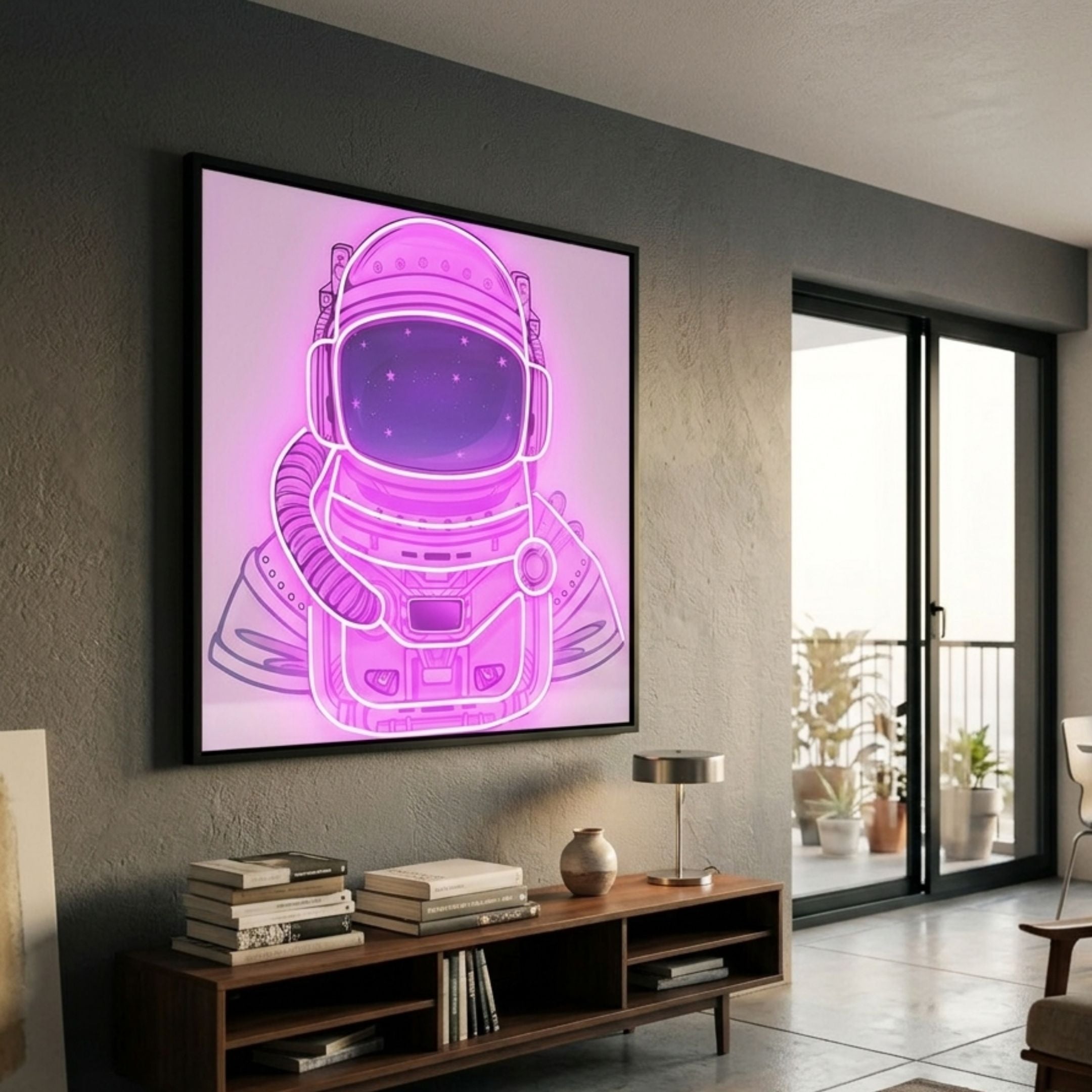 Stellar Neon Orchid Acrylic 3D LED Wall Art displaying a pink neon astronaut with starry visor, mounted above a wooden console in a modern grey living room.
