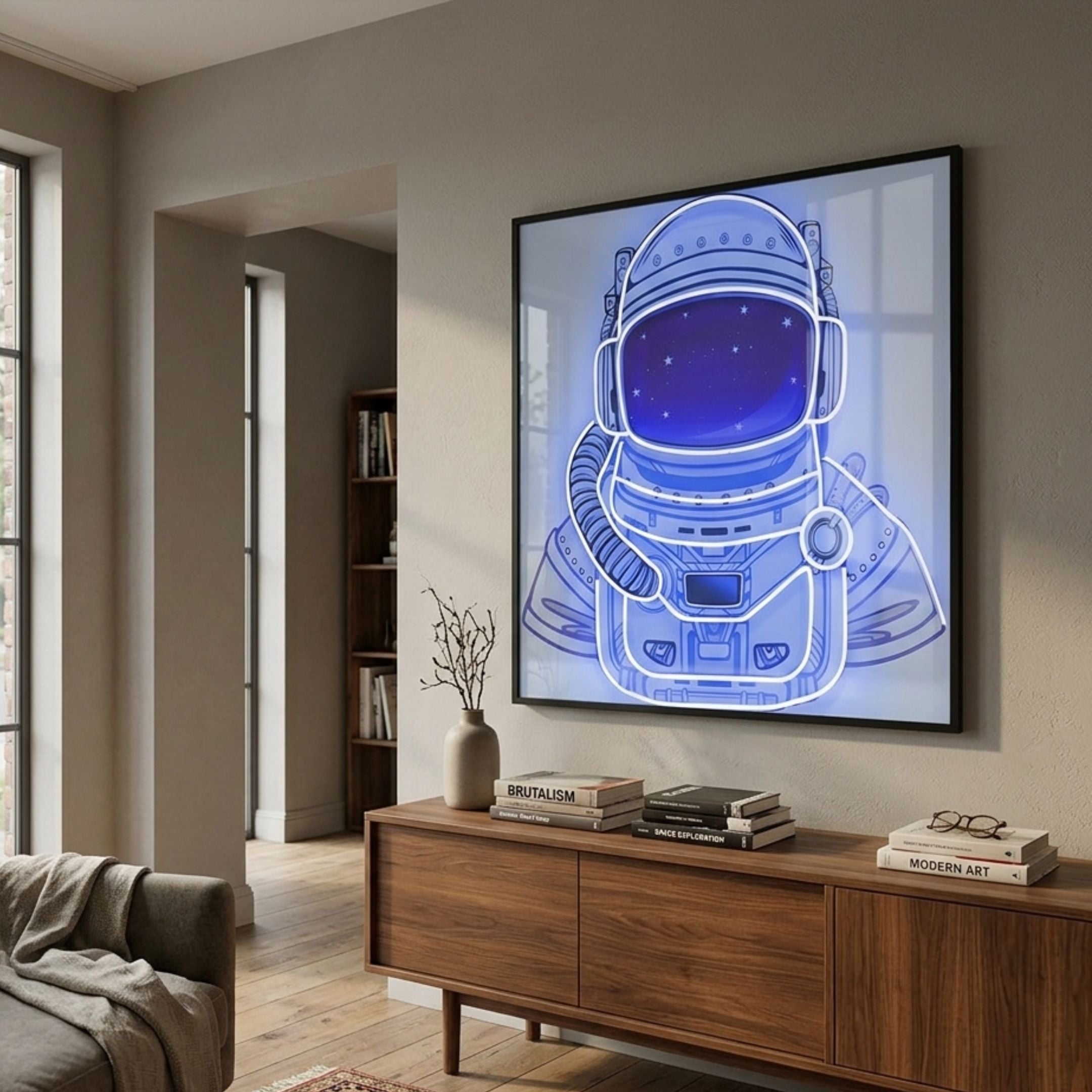 Stellar Electric Sapphire Acrylic 3D LED Wall Art by Giant Sculptures displaying a glowing blue neon astronaut with starry visor above a walnut sideboard in a modern living room.