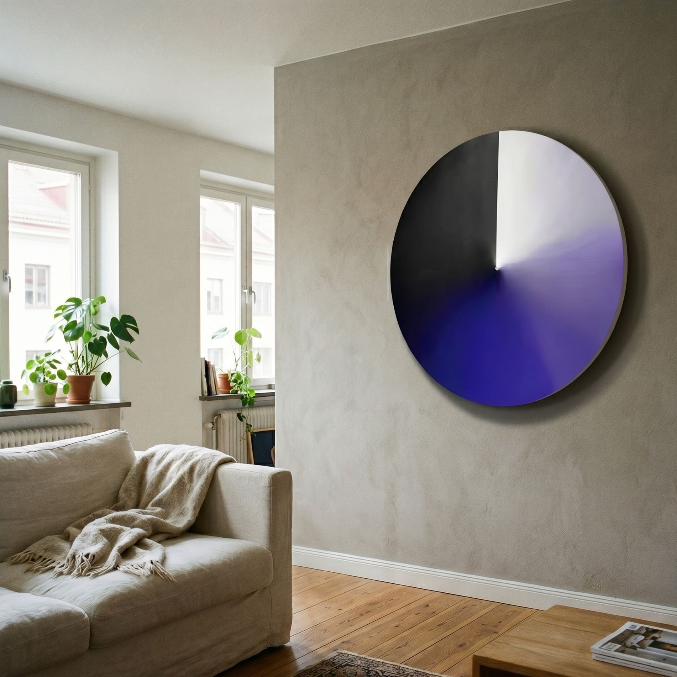 Orbit Violet Hand-Painted Canvas 3D LED Wall Art by Giant Sculptures mounted on a beige wall above a linen sofa in a sunlit living room with plants.