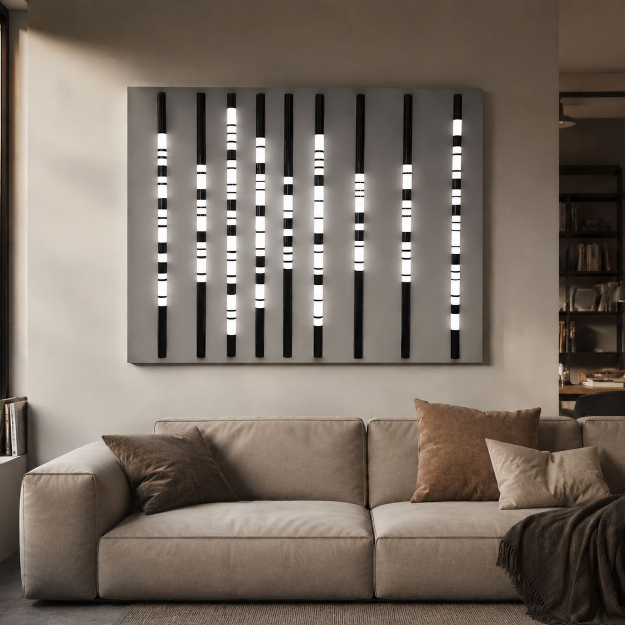 Strata Silver LED Wall Art by Giant Sculptures, with nine vertical black rods and white LED stripe segments on a grey panel, displayed above a beige sofa in a modern living room.