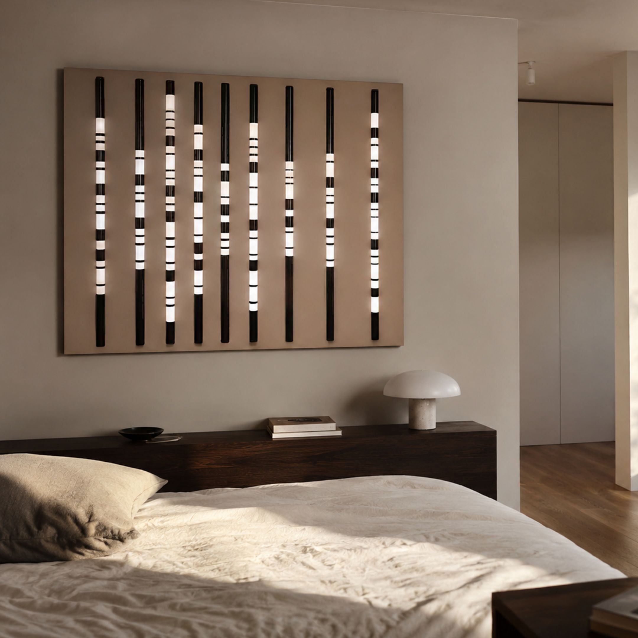 Strata Taupe LED Wall Art by Giant Sculptures mounted above a dark wood headboard in a modern bedroom, with nine illuminated black rods and a mushroom lamp nearby.