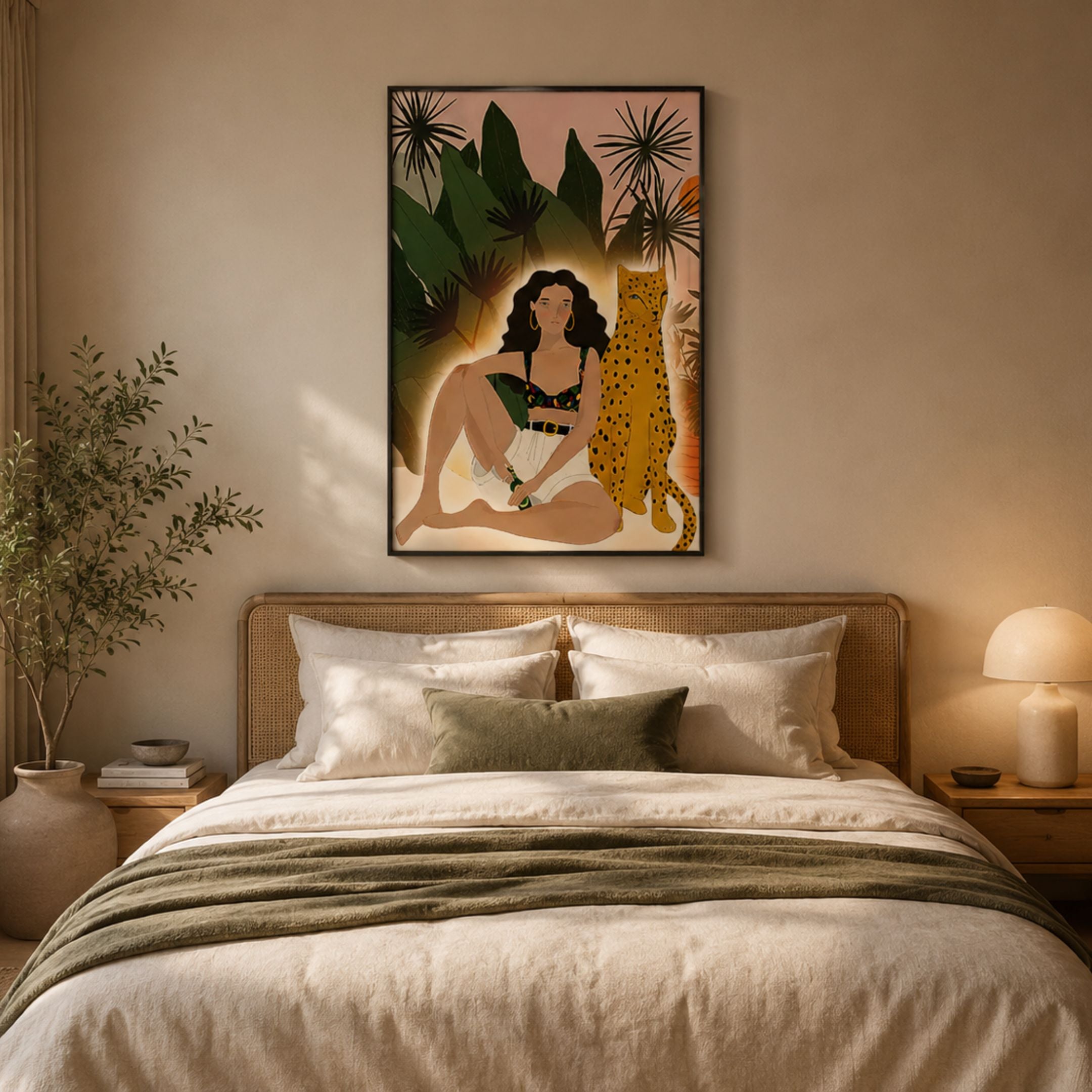Solana Wild Serenity Wood Relief 3D LED Wall Art by Giant Sculptures, showing a woman seated beside a yellow cheetah amid green foliage, above a rattan bed.