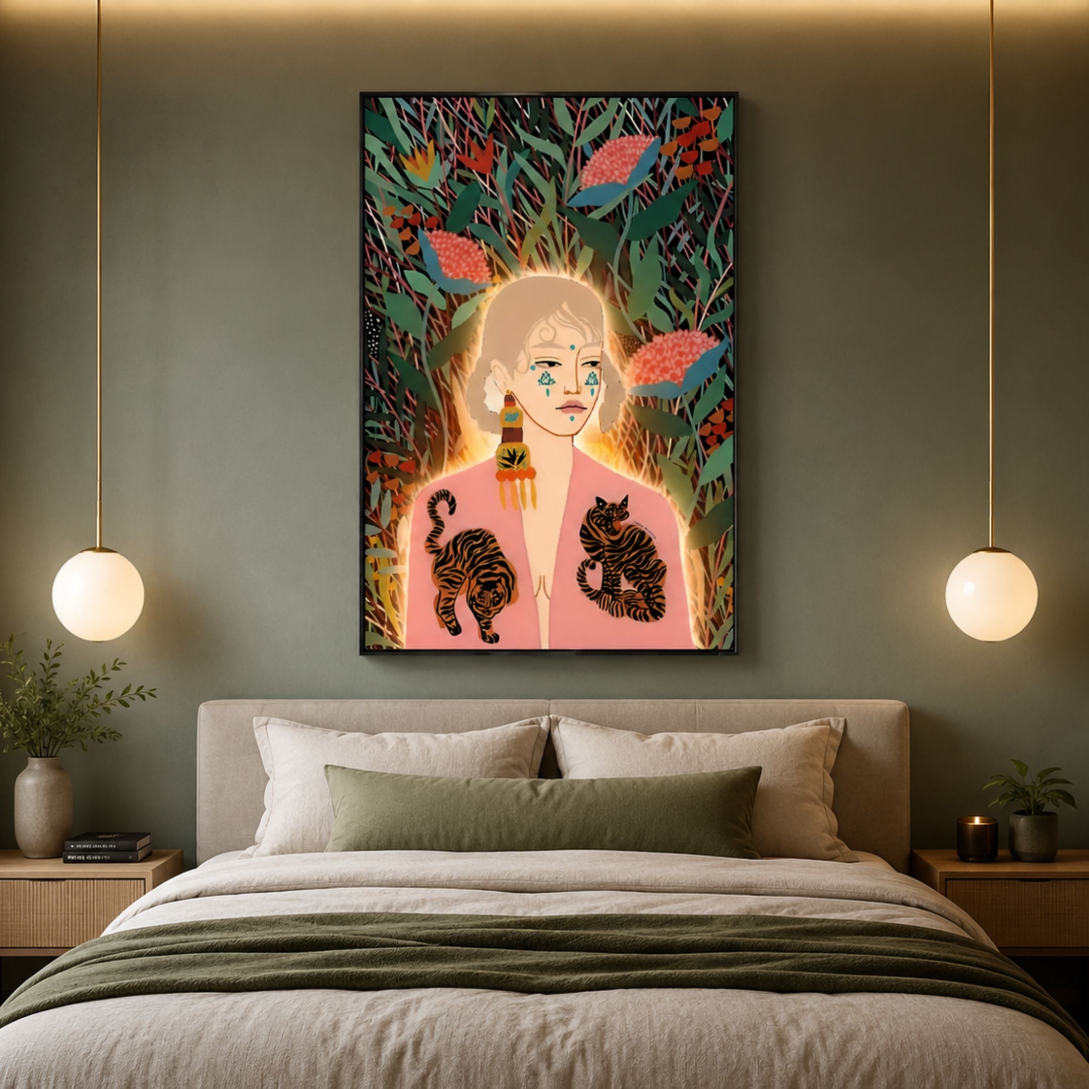 Solana Bohemian Muse Wood Relief 3D LED Wall Art displayed above a bed with green throw and beige headboard, flanked by two globe pendant lights.