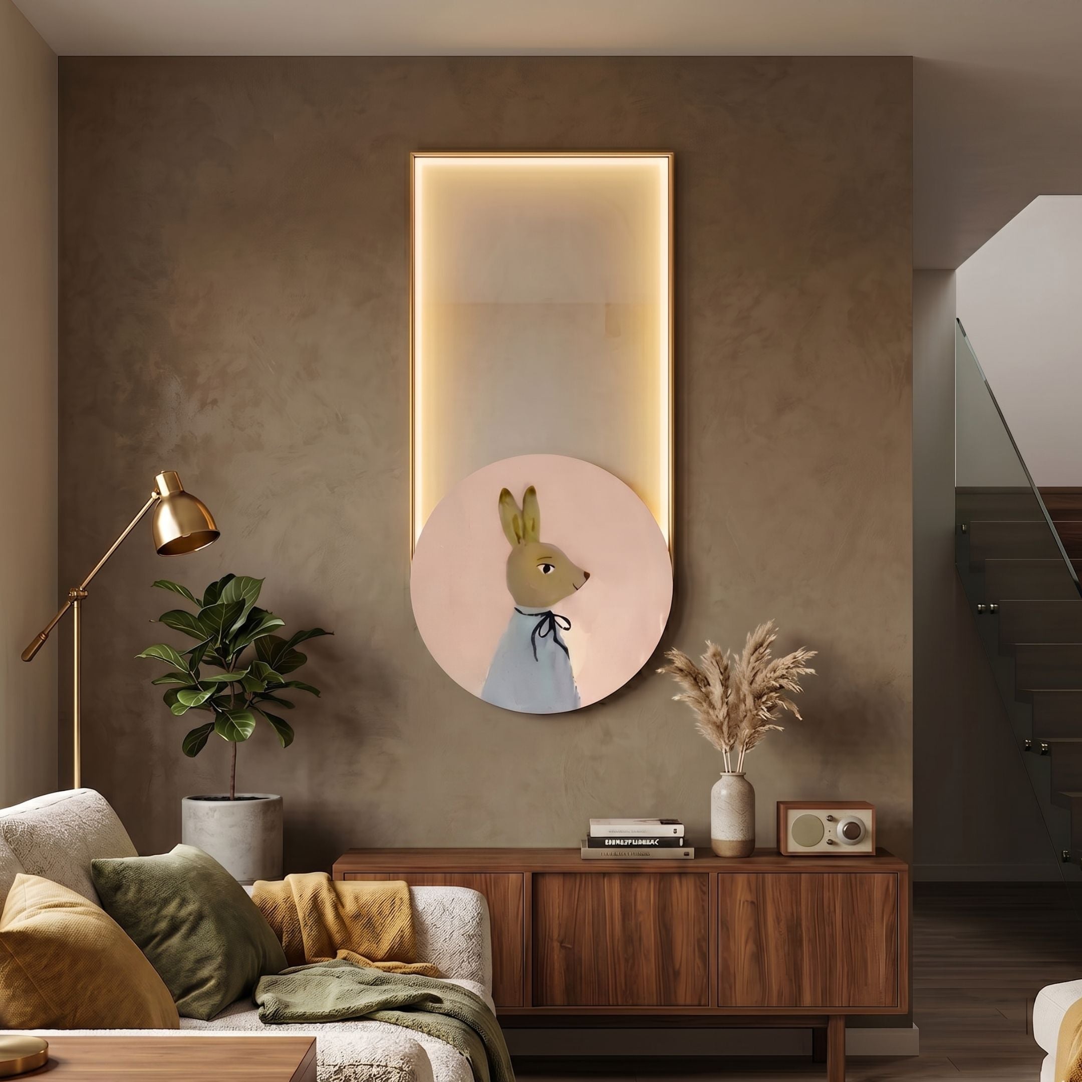 Orion Bunny Daydream Oil Painting LED Wall Art by Giant Sculptures, a bunny in profile wearing a blue shirt, displayed above a walnut sideboard in a living room.
