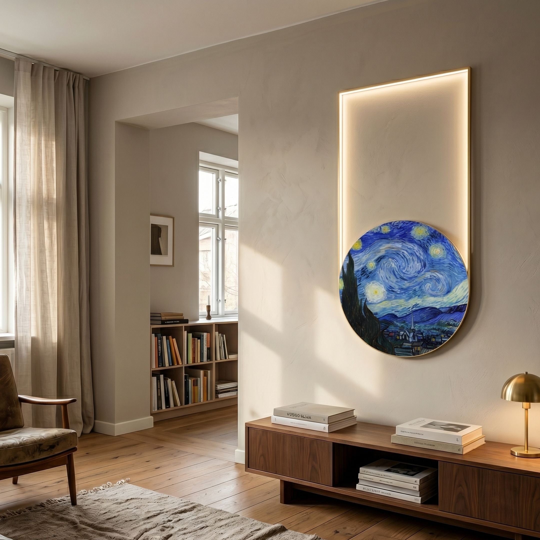 Orion Starry Skies Oil Painting LED Wall Art by Giant Sculptures, gold-framed rectangle-and-circle piece glowing on a beige living room wall above a walnut console.