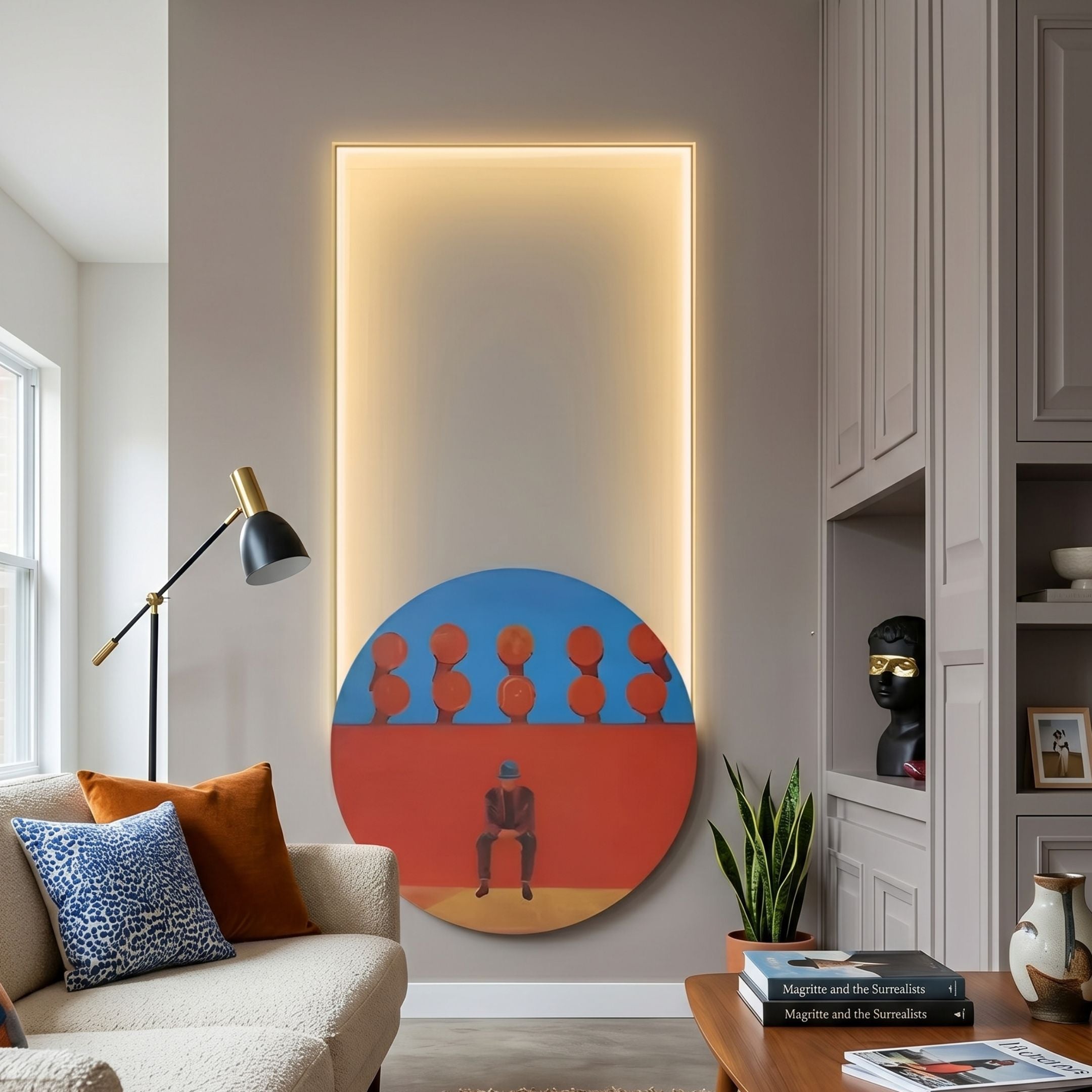 Orion Crimson Silhouettes Oil Painting LED Wall Art by Giant Sculptures, circular piece with red balloons and seated figure, LED halo glow, above a beige sofa.