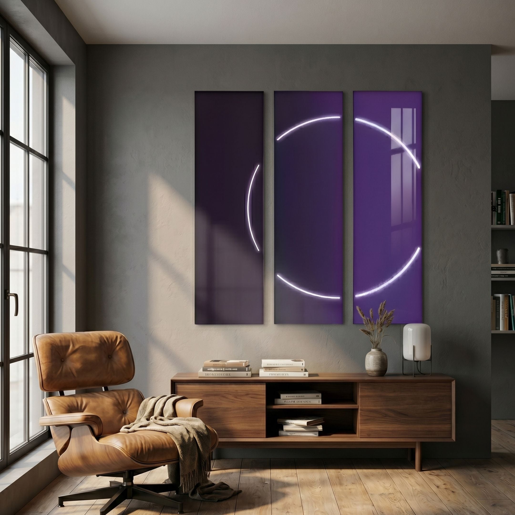 Helios Amethyst Crystal Porcelain LED Wall Art by Giant Sculptures, a three-panel purple triptych with a white neon arc, displayed above a walnut sideboard beside a tan leather lounge chair.