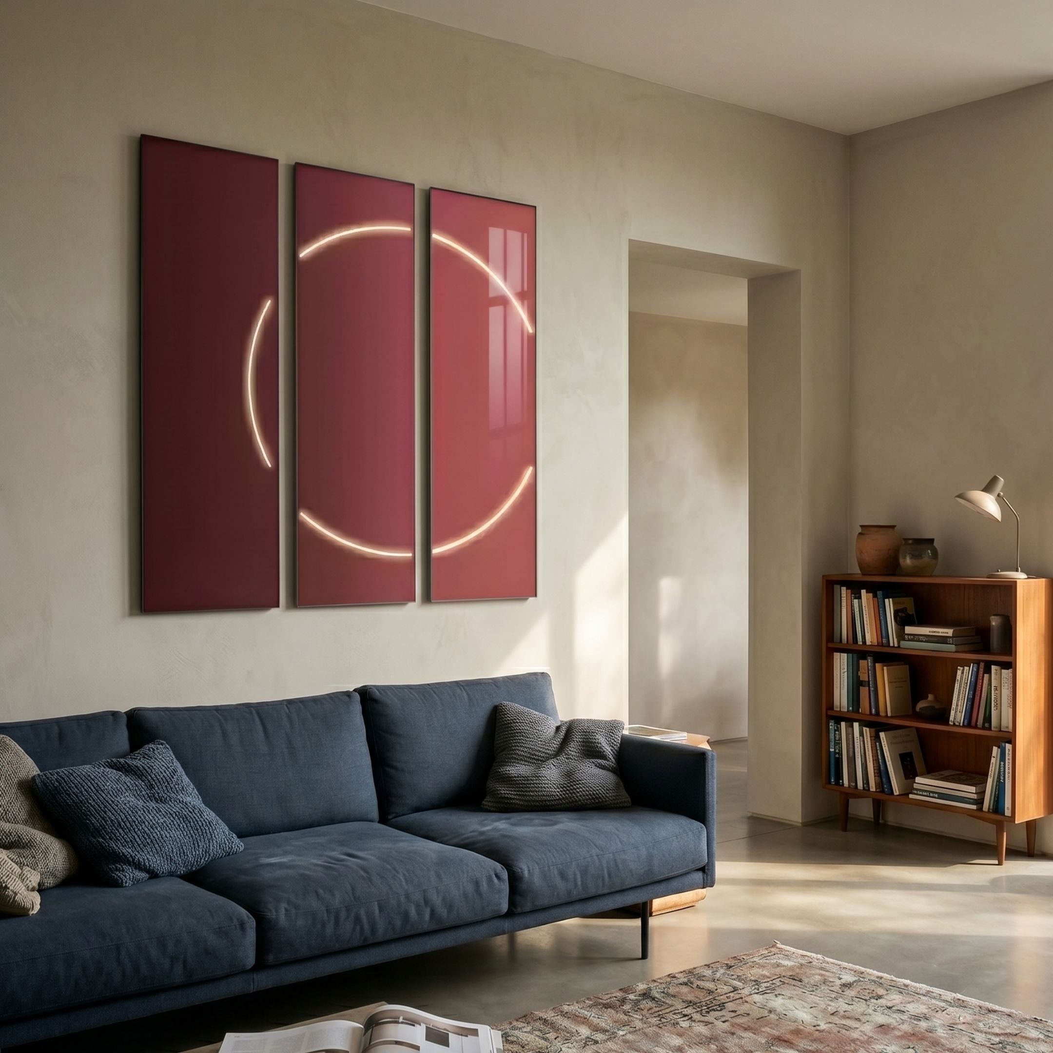Helios Ruby Crystal Porcelain LED Wall Art by Giant Sculptures, a glossy red three-panel triptych with a glowing white LED circle, above a navy sofa.