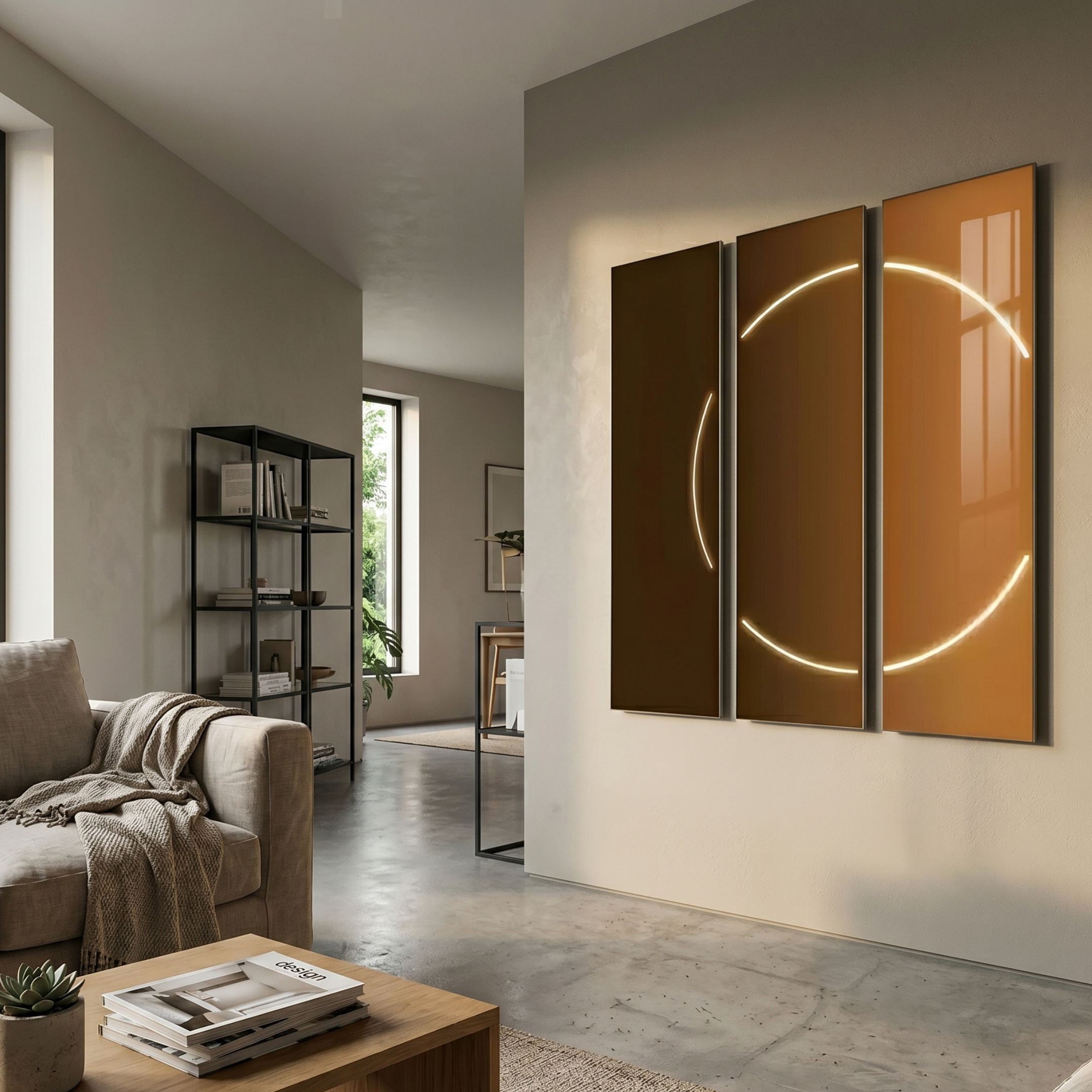Helios Copper Crystal Porcelain LED Wall Art by Giant Sculptures displayed as a three-panel triptych with curved white LED arc on a copper-brown backdrop in a modern living room.