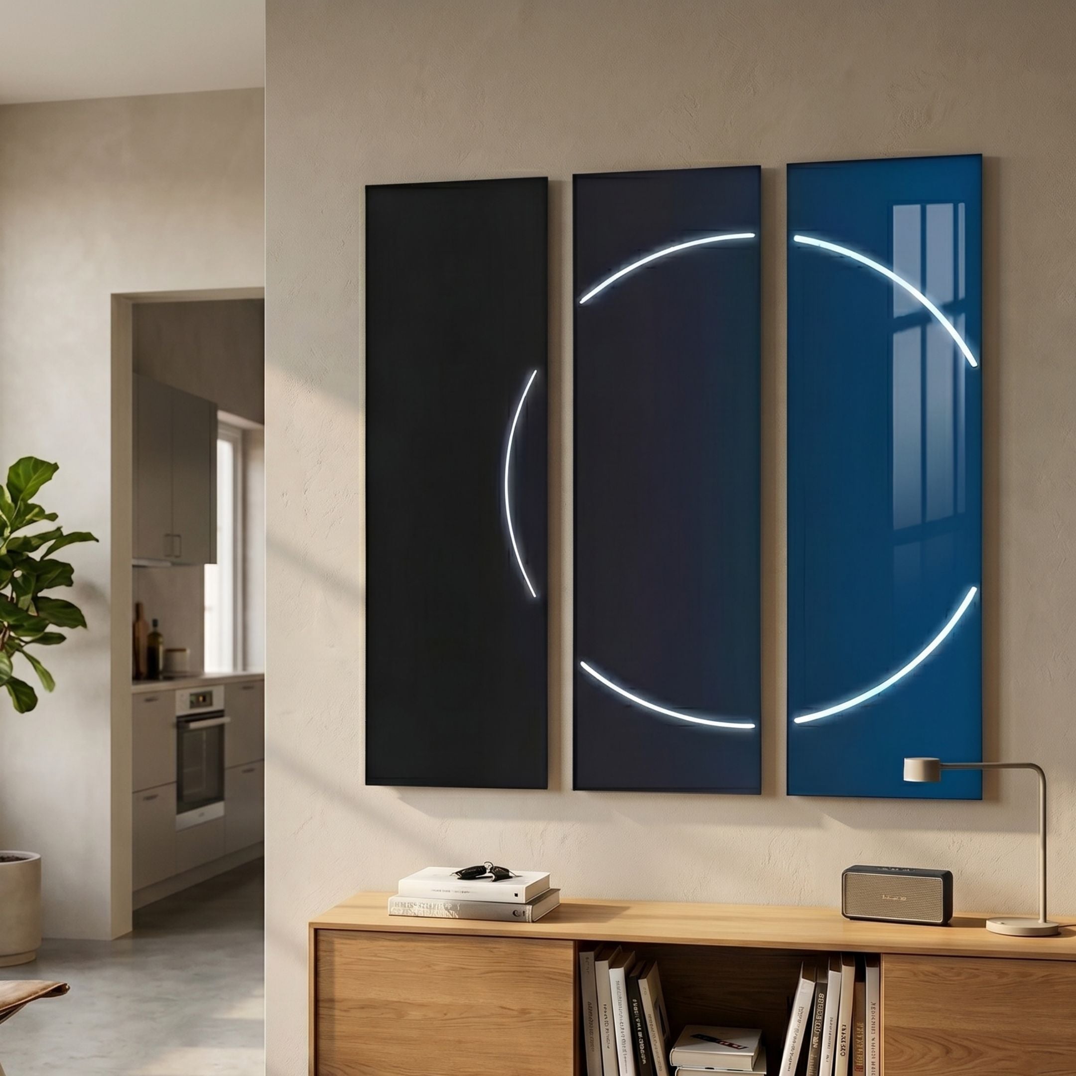 Helios Cobalt Crystal Porcelain LED Wall Art by Giant Sculptures, a three-panel triptych with a white neon arc forming a circle, shown above a wooden console.