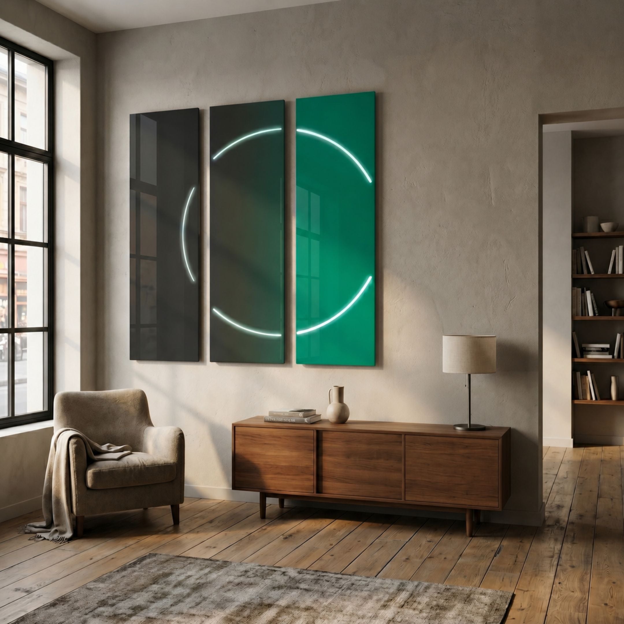 Helios Emerald Crystal Porcelain LED Wall Art with a neon ring across black, emerald, and teal panels above a walnut sideboard in a sunlit loft.