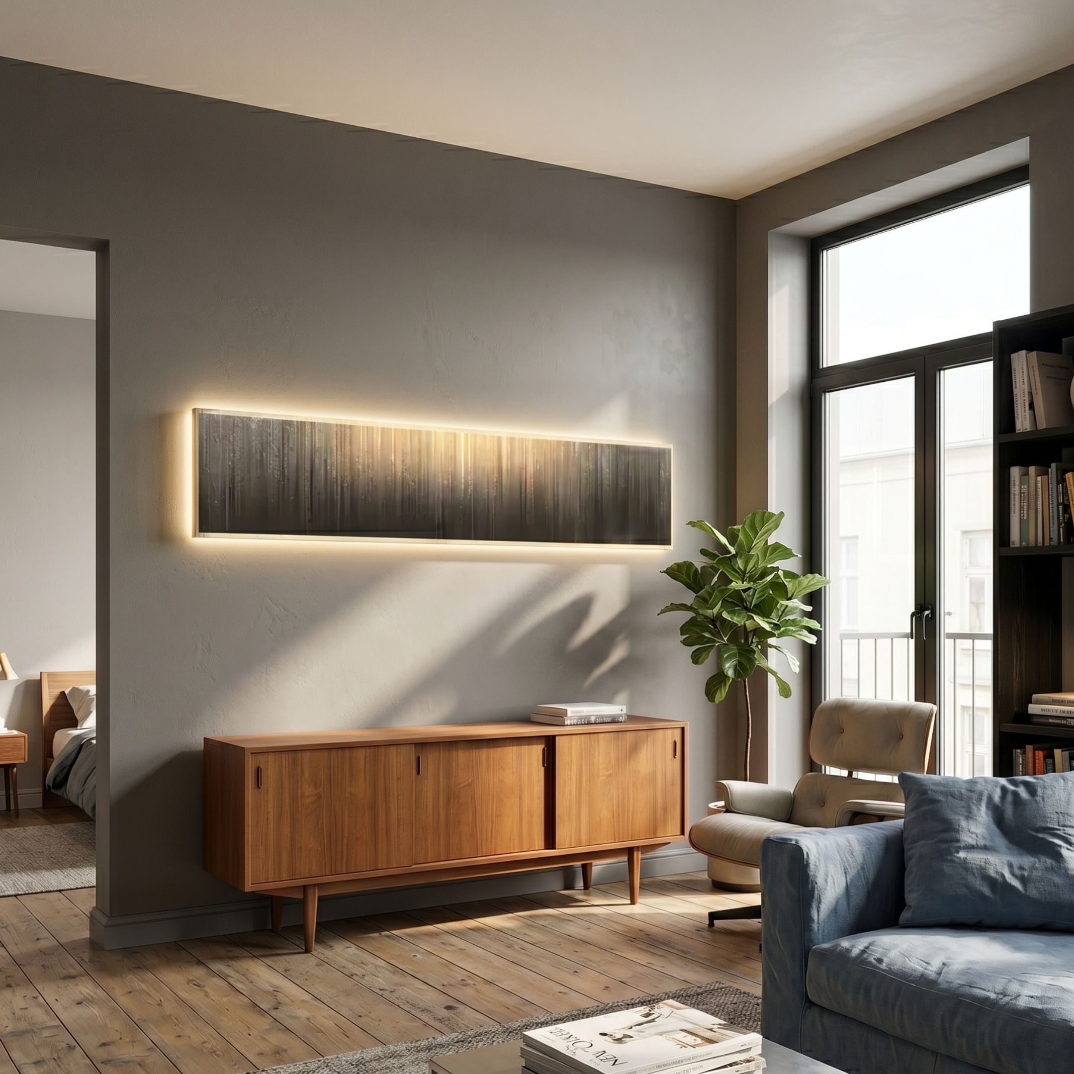 Radiance Bronze Luster Canvas LED Wall Art by Giant Sculptures glowing above a teak sideboard in a modern living room with a fiddle-leaf fig and balcony window.