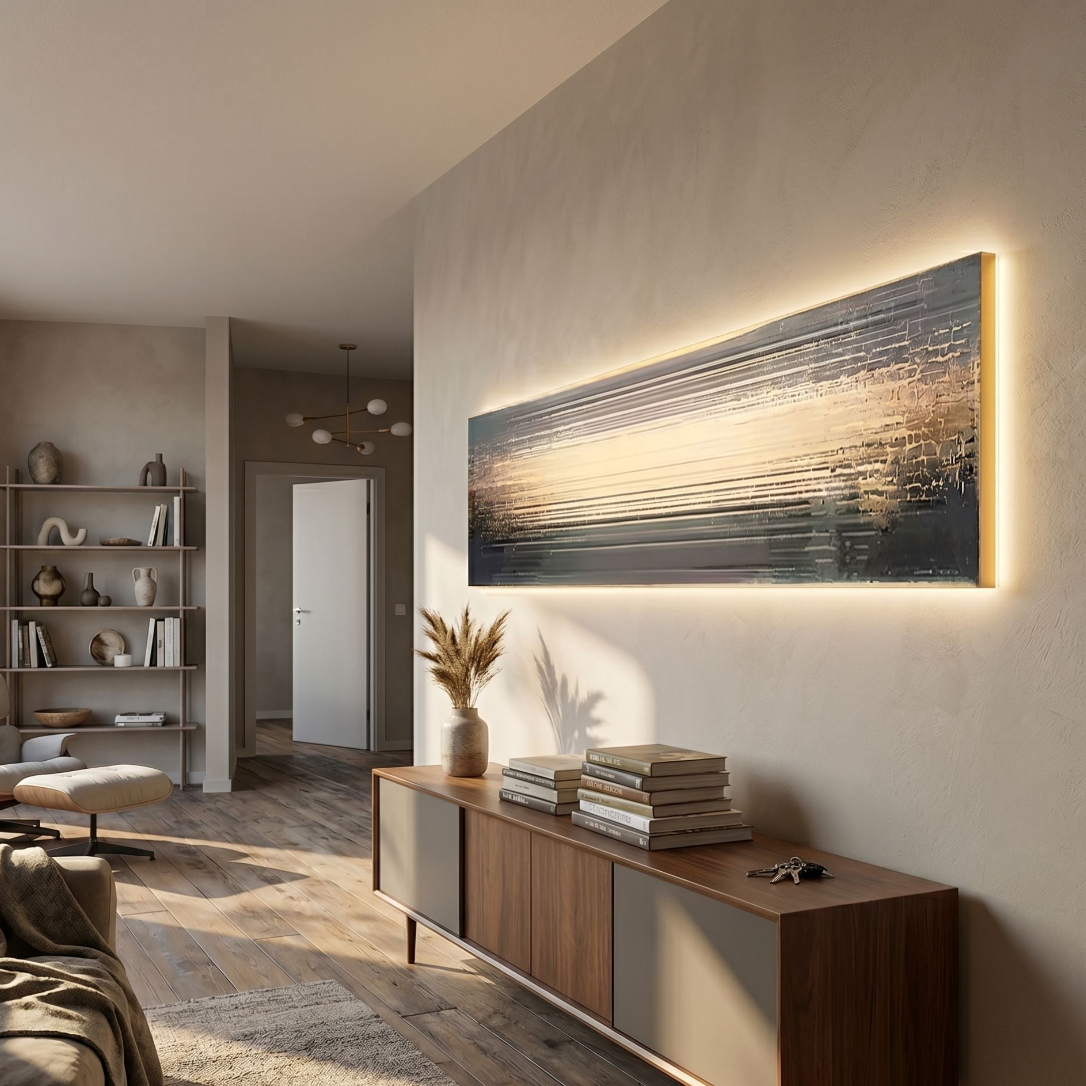 Radiance Amber Dusk Canvas LED Wall Art by Giant Sculptures with warm backlit glow, mounted above a walnut sideboard in a modern living room.