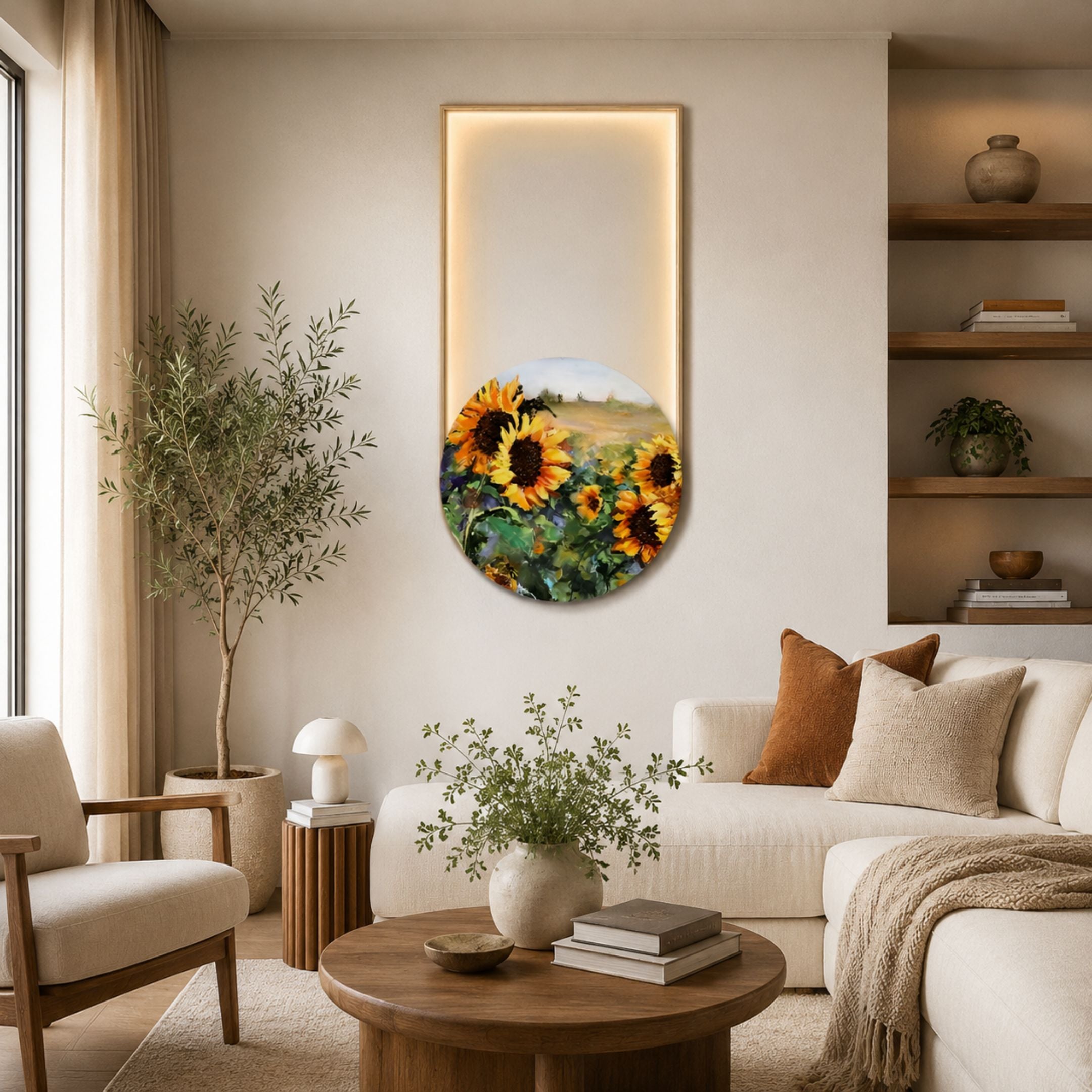 Orion Sunflower Fields II Oil Painting LED Wall Art with sunflowers in a circular section below a glowing rectangular frame, displayed in a neutral living room.