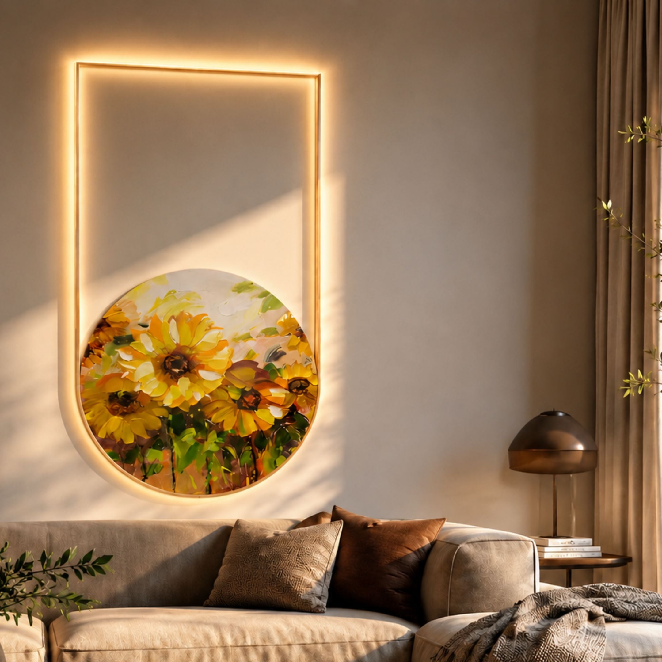 Orion Sunflower Fields I Oil Painting LED Wall Art by Giant Sculptures, glowing above a beige sofa with brown cushions in a warm neutral living room.