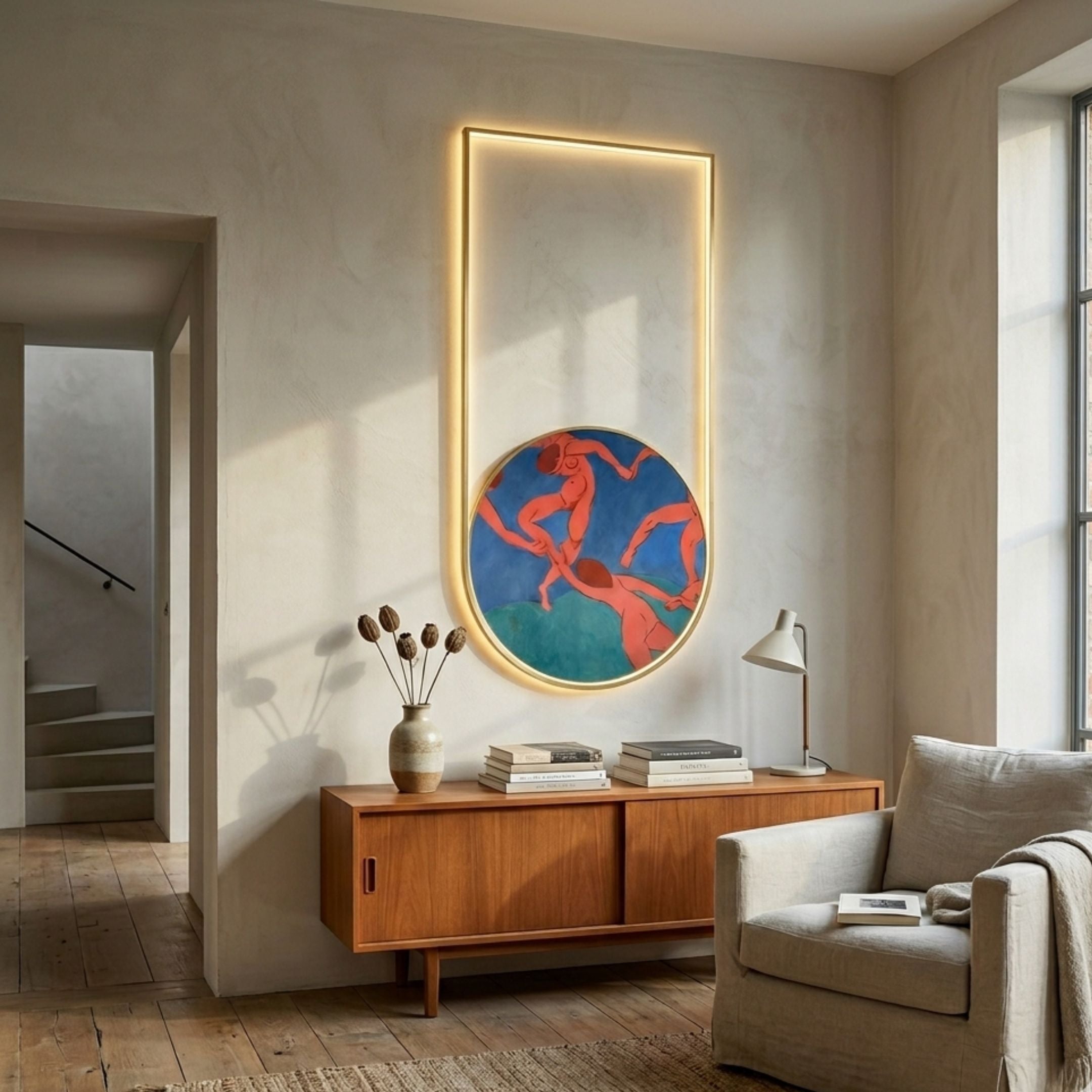 Orion Coral Dancers Oil Painting LED Wall Art by Giant Sculptures, illuminated frame with coral-red figures on blue-green ground, displayed above a teak sideboard.