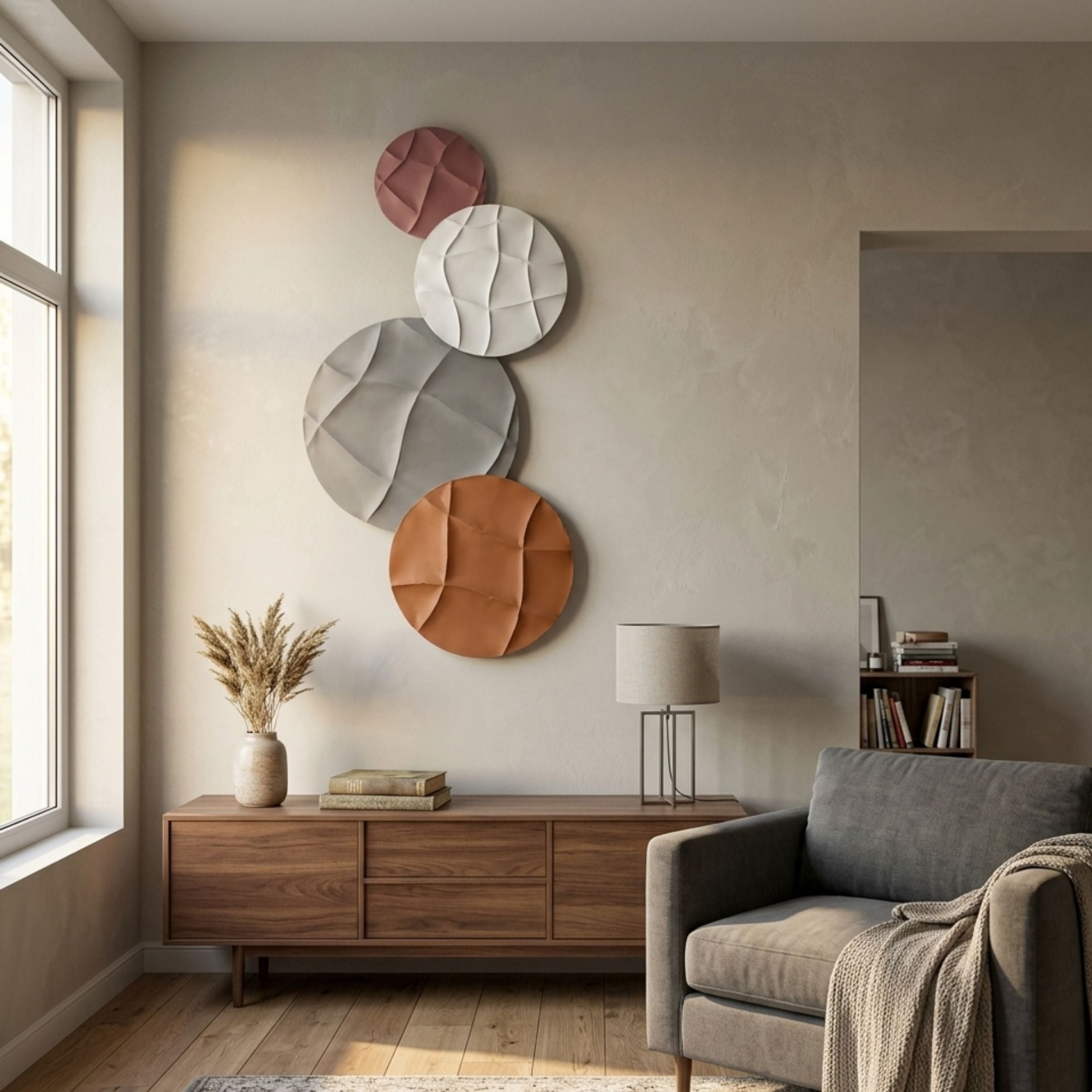 Orbura 4-Set Circular Rust & Blush 3D Wood Relief Wall Art by Giant Sculptures, vertically stacked above a walnut sideboard in a sunlit living room.
