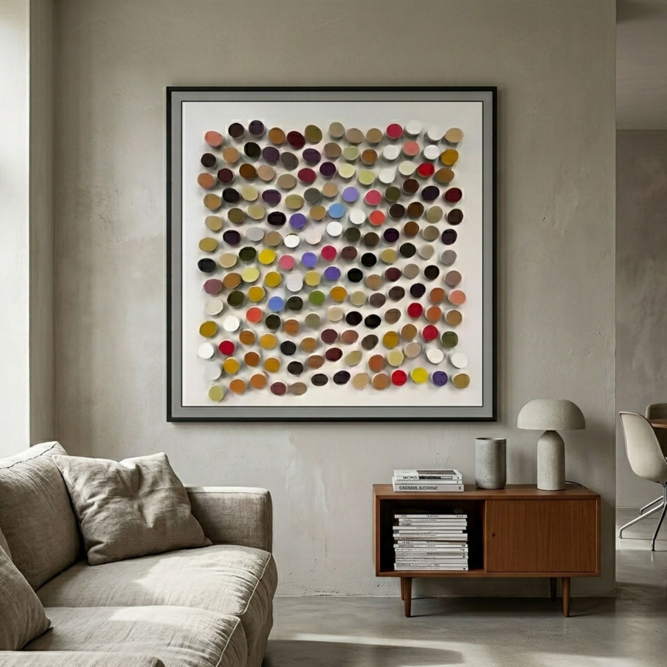 Aeris Multi-Coloured Wooden Disc 3D Wall Art by Giant Sculptures in a black frame, displayed above a wooden sideboard in a neutral living room.