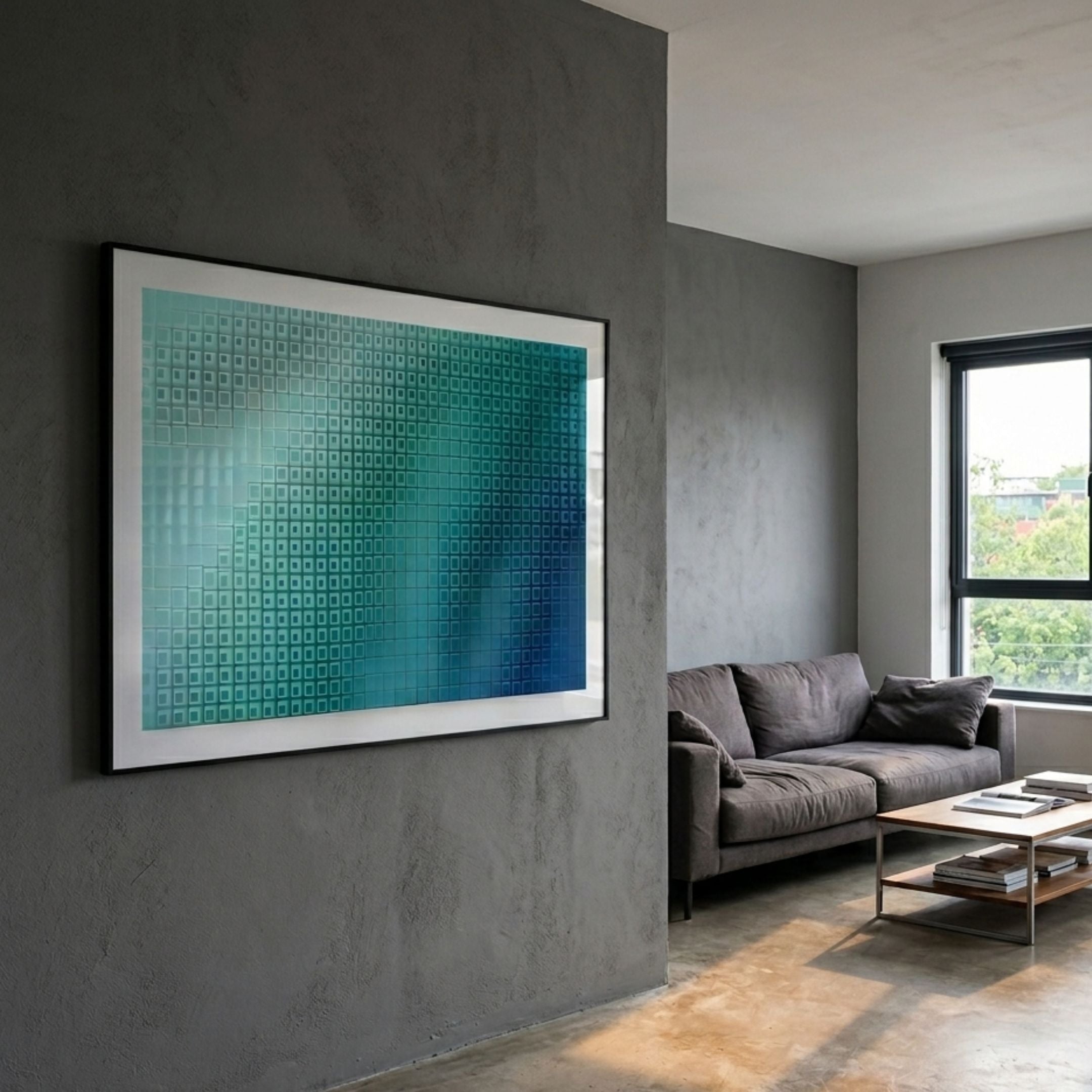 Elytrum Blue Grid Gradient Hand-Painted Wood Relief 3D Wall Art by Giant Sculptures, framed in black on a grey wall above a grey sofa in a modern living room.
