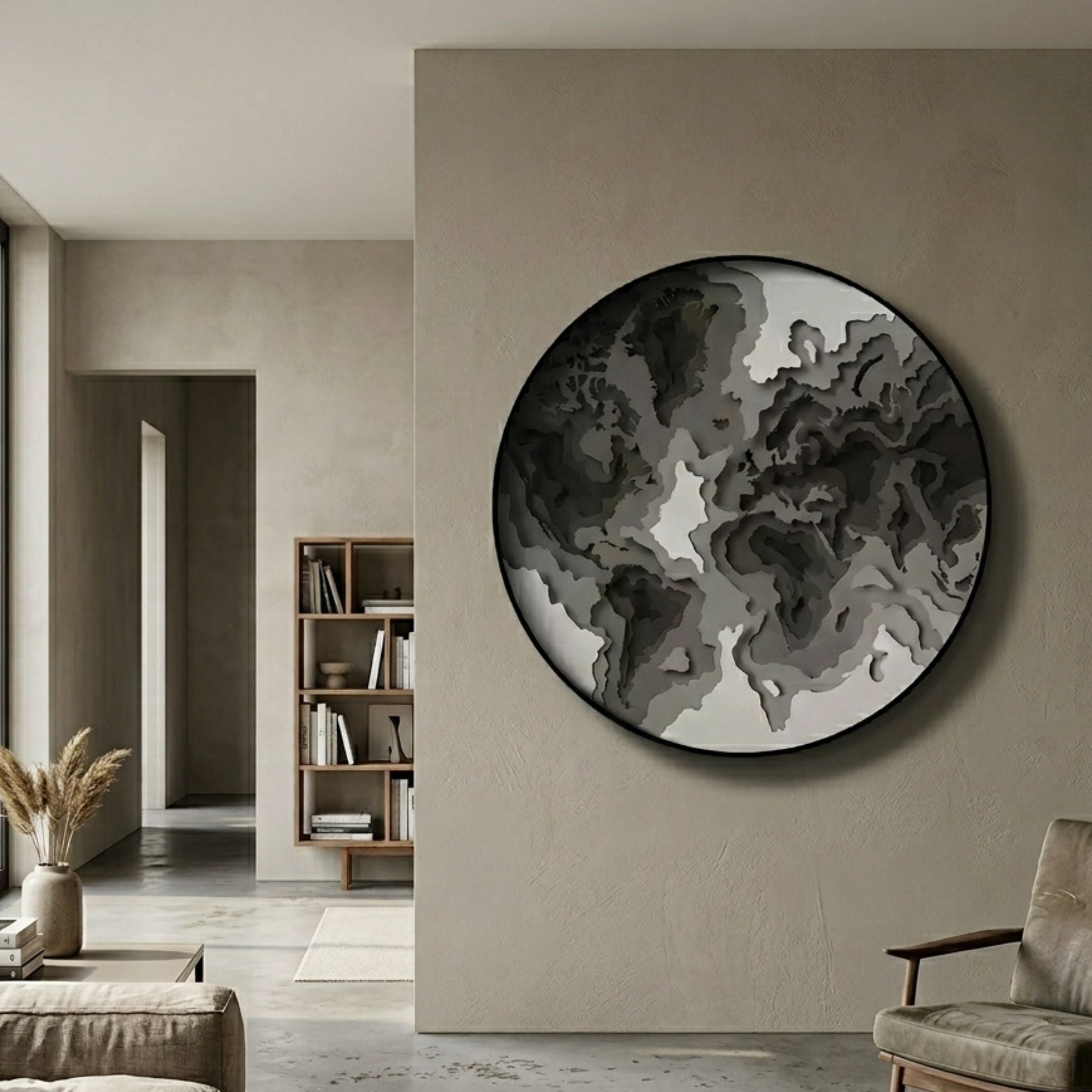 Giant Sculptures Terranova Ash Grey Round Wood Carving 3D Wall Art mounted on a beige wall in a modern living room with bookshelf and armchair.