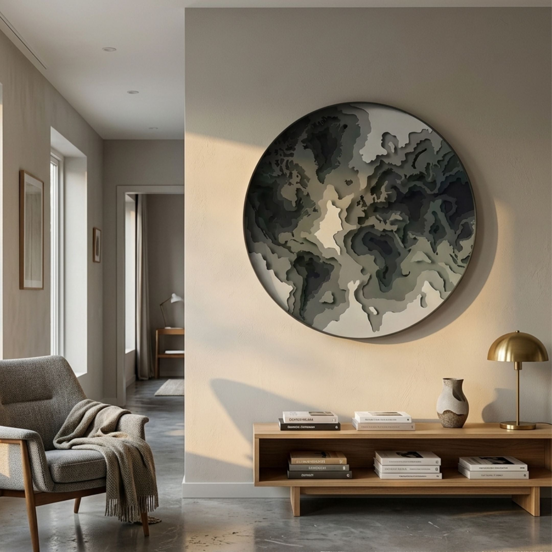 Terranova Earth Green Round Wood Carving 3D Wall Art by Giant Sculptures mounted on a beige wall above a wooden console with books, vase, and brass lamp.
