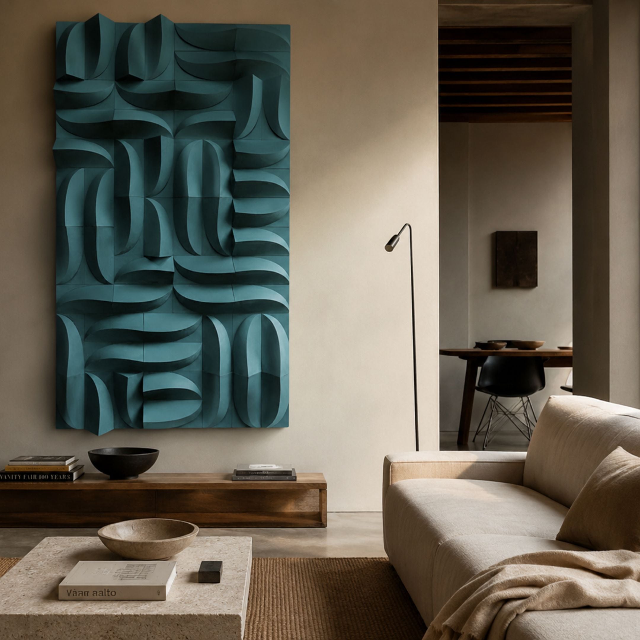 Ombra Teal Blue Hand-Painted 3D Wood Relief Wall Art by Giant Sculptures mounted in a neutral living room above a low wood console beside a beige sofa.