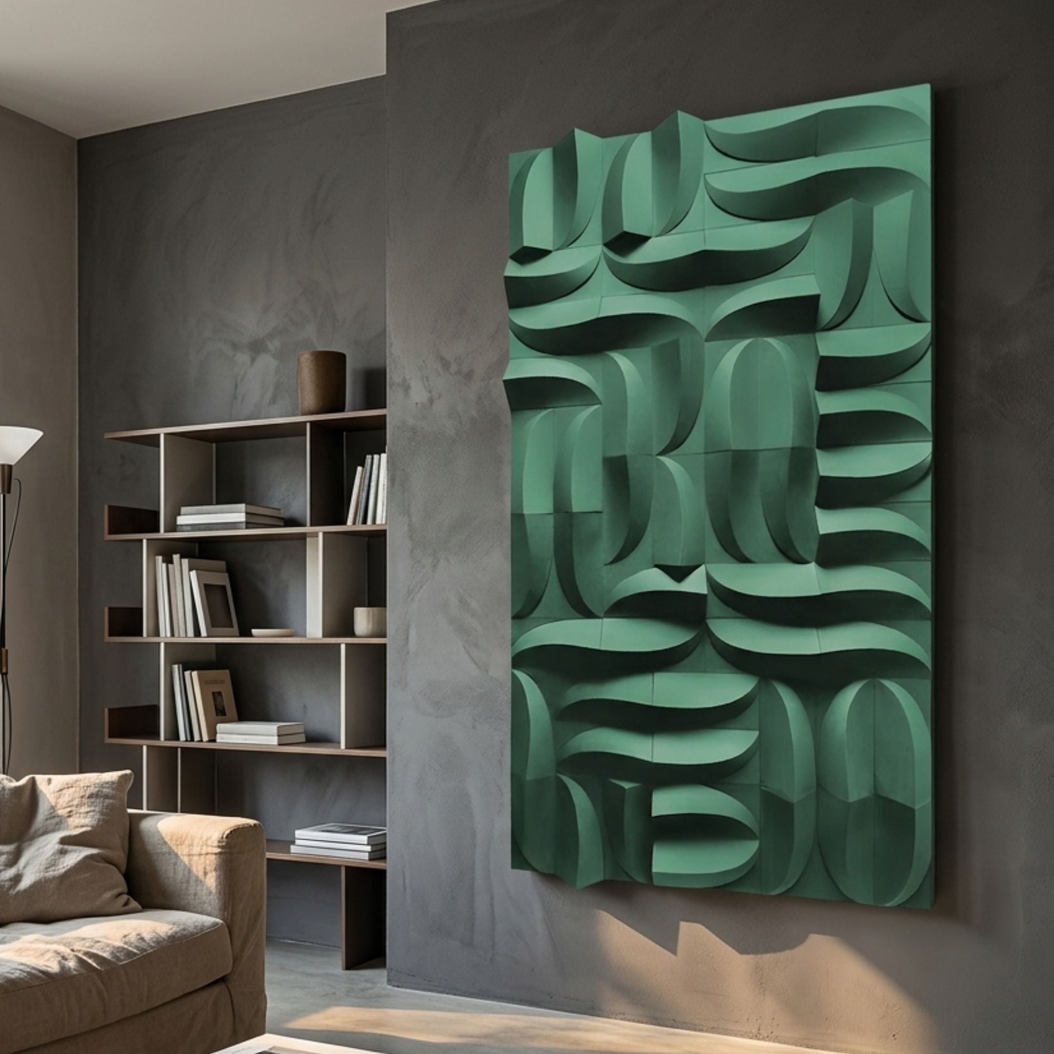 Ombra Green Hand-Painted 3D Wood Relief Wall Art by Giant Sculptures mounted on a grey wall in a modern living room beside a bookshelf and beige sofa.