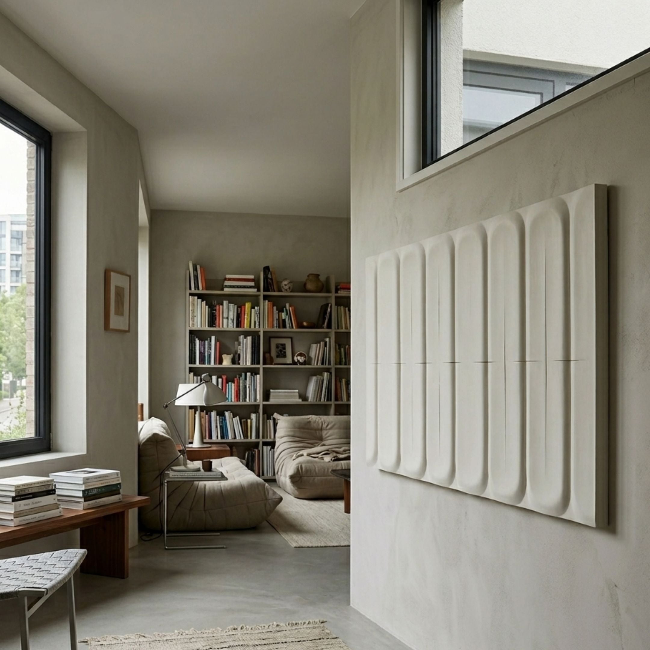 Vireus White Short Dual Panel 3D Wood Relief Wall Art mounted on a pale plaster wall in a minimalist living room with bookshelves and beige Togo sofas.