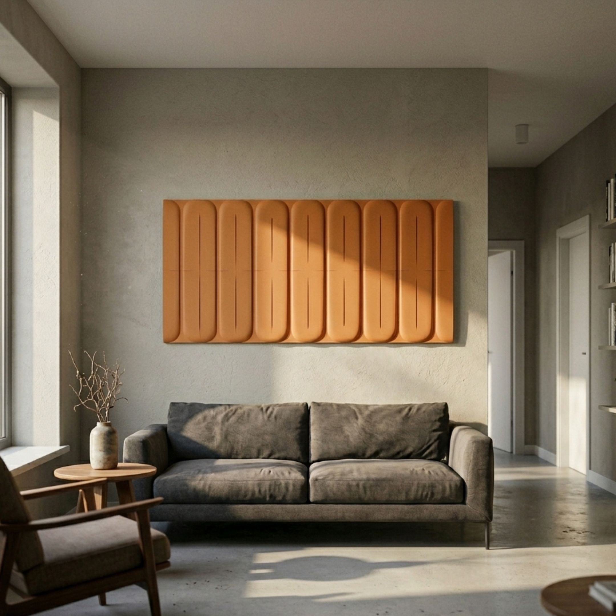 Vireus Bronze 3D Wood Relief Wall Panel by Giant Sculptures mounted above a grey sofa in a sunlit living room with a wooden side table and vase.