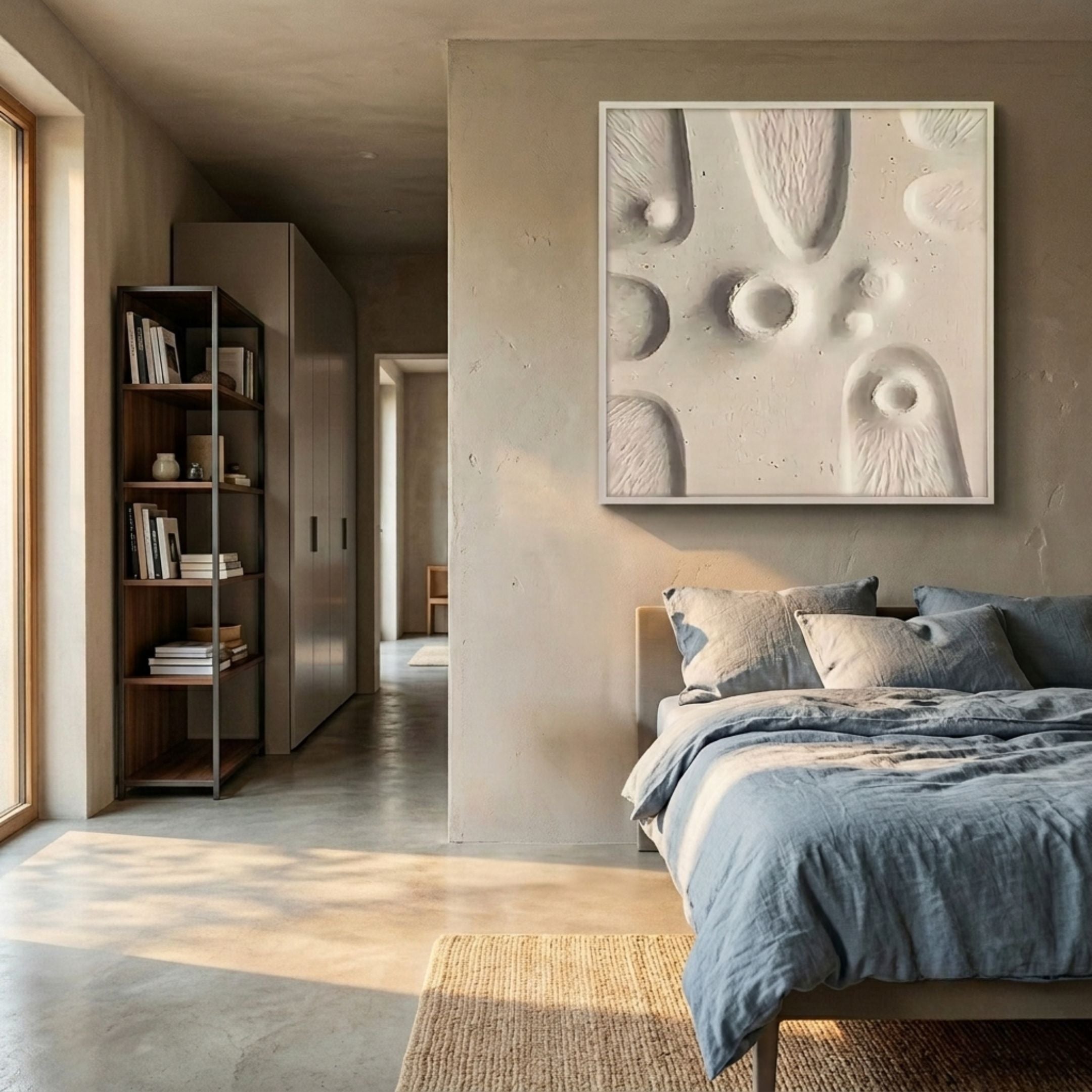 Terravura Square Sandstone II 3D Wood Relief Wall Art in beige displayed above a blue linen bed in a minimalist bedroom with concrete walls and floor.