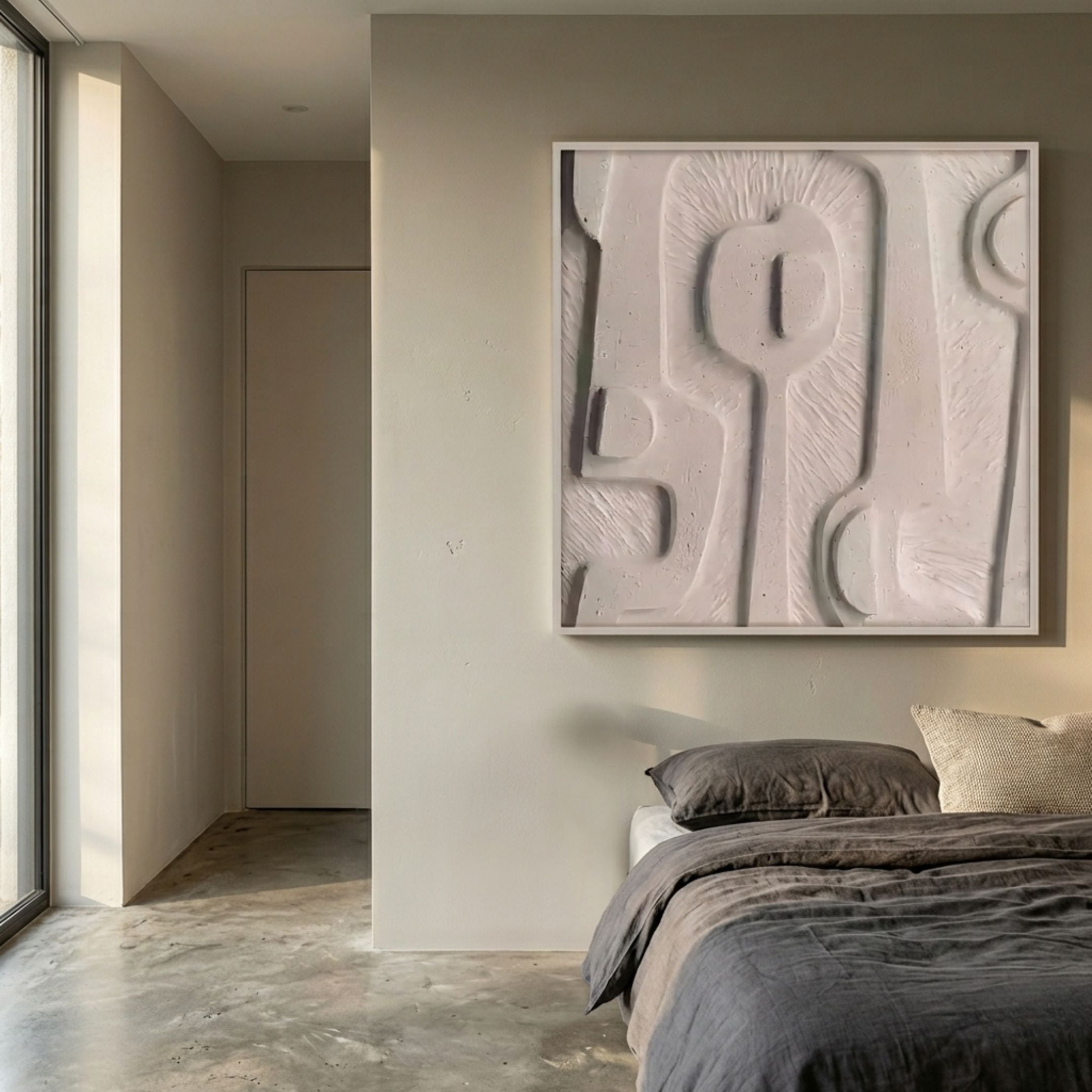 Terravura Square Warm Beige I 3D Wood Relief Wall Art by Giant Sculptures, framed above a grey linen bed in a minimalist concrete-floor bedroom.